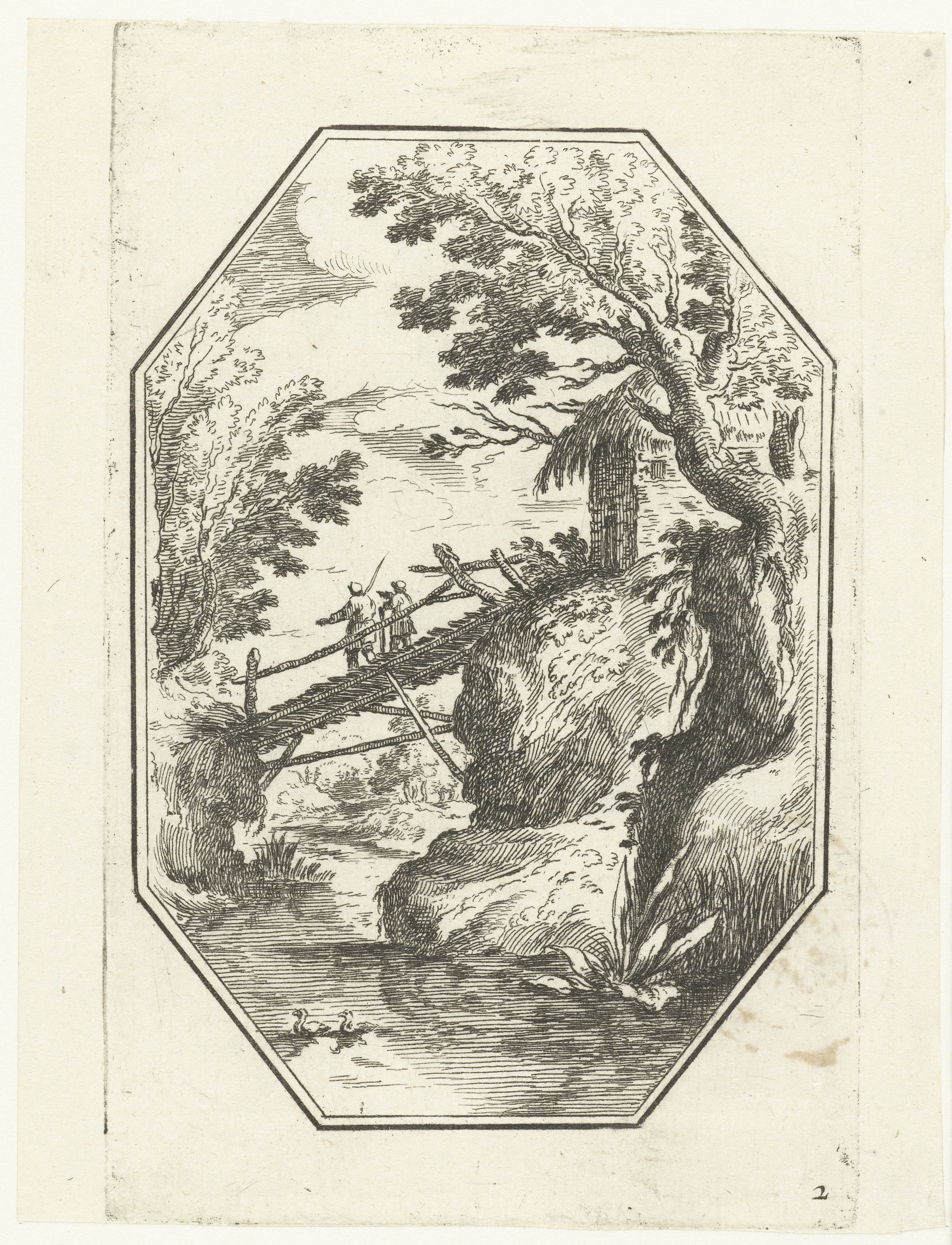 Landschap met houten bruggetje in octagonaal kader