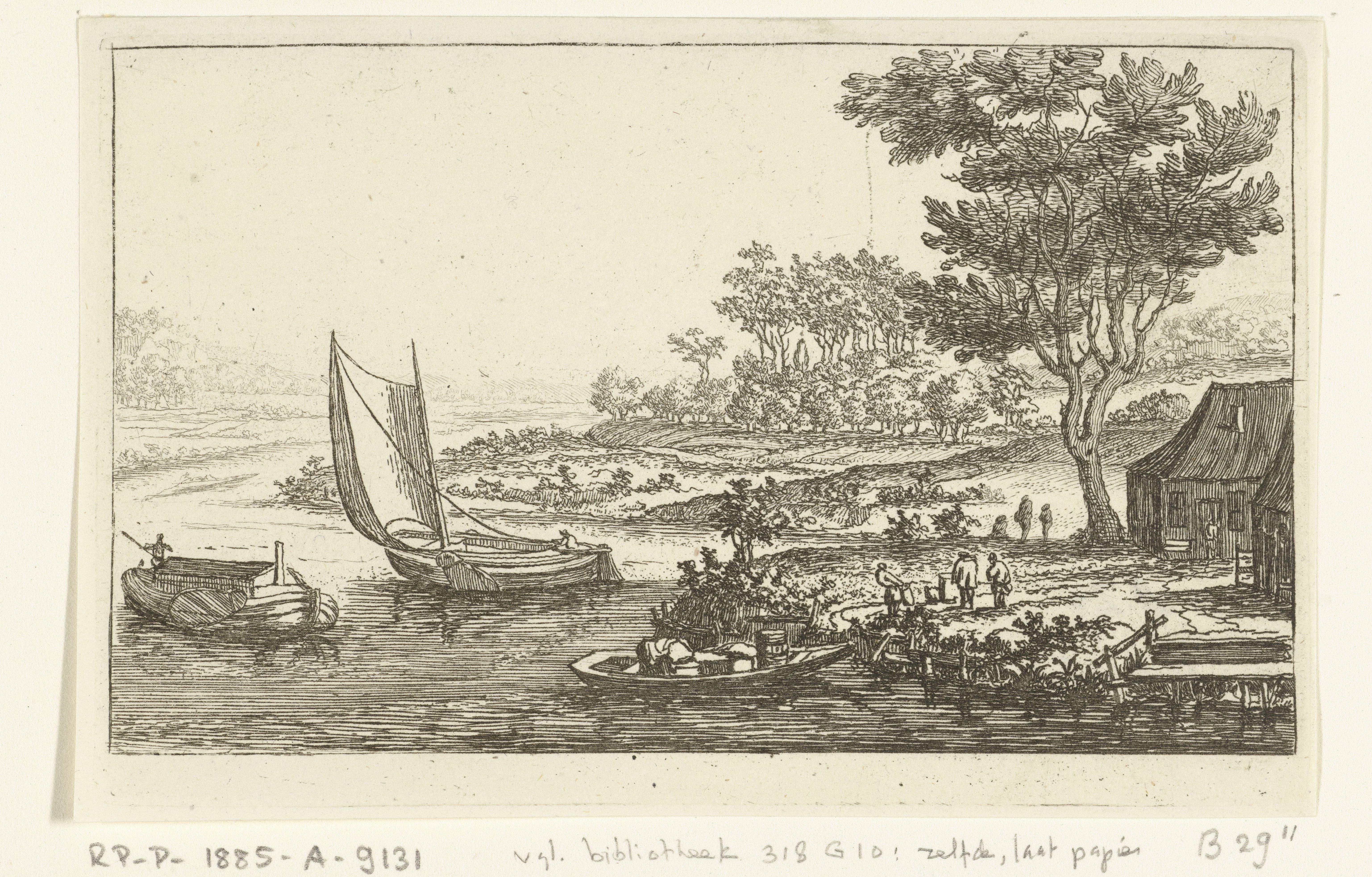 Rivierlandschap met drie boten