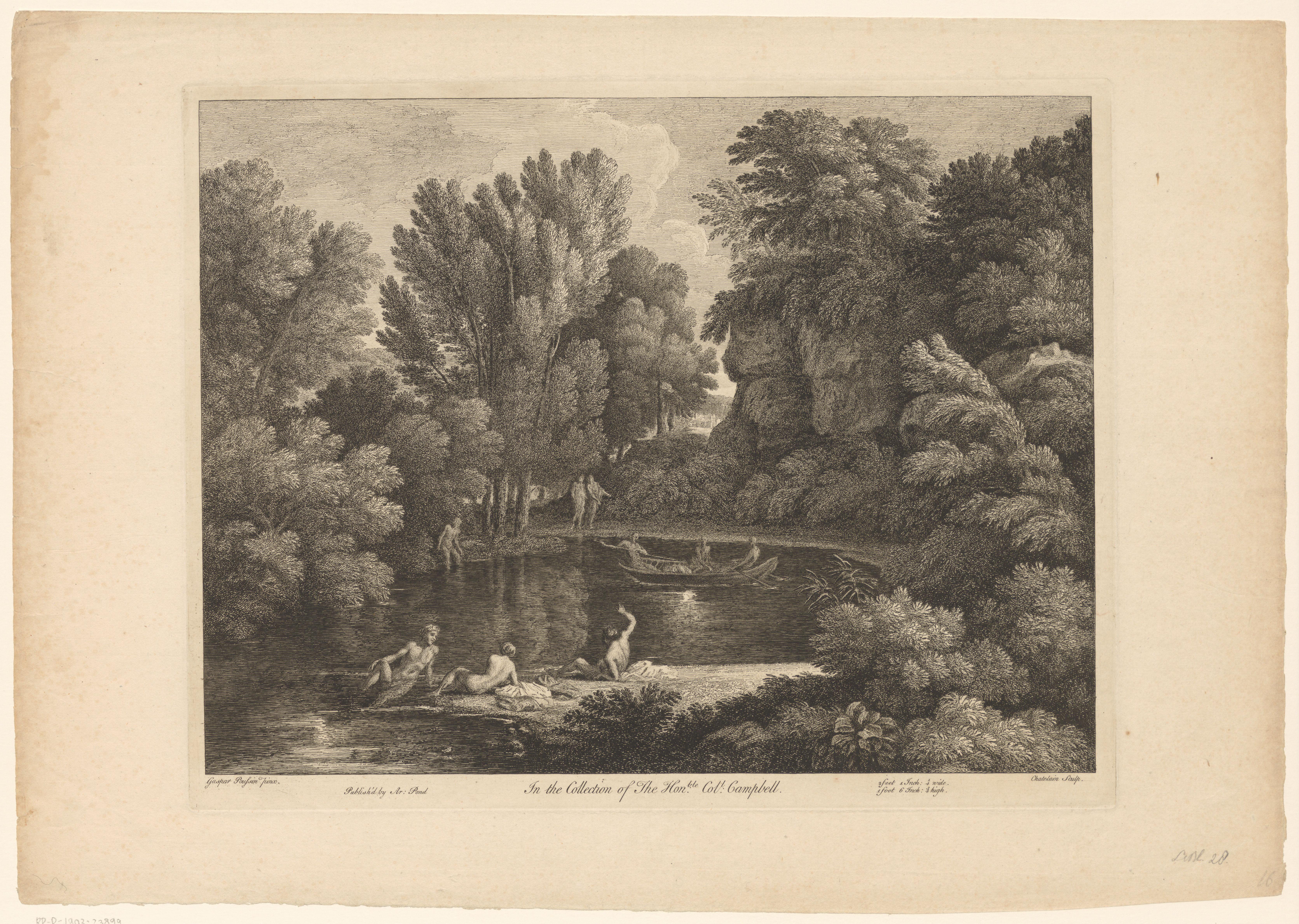 Landschap met badende figuren bij een meer
