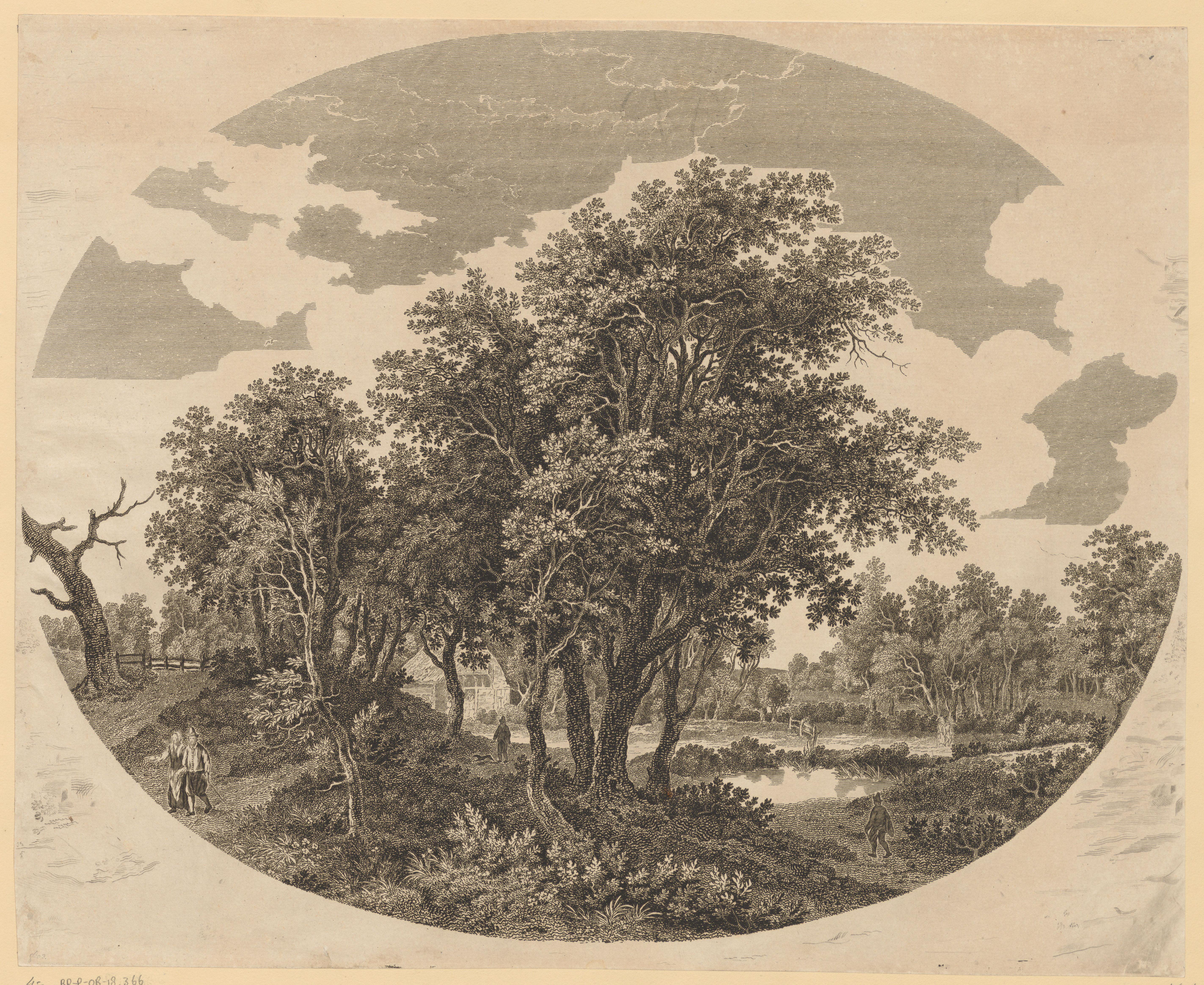 Landschap met bomen en vier wandelaars
