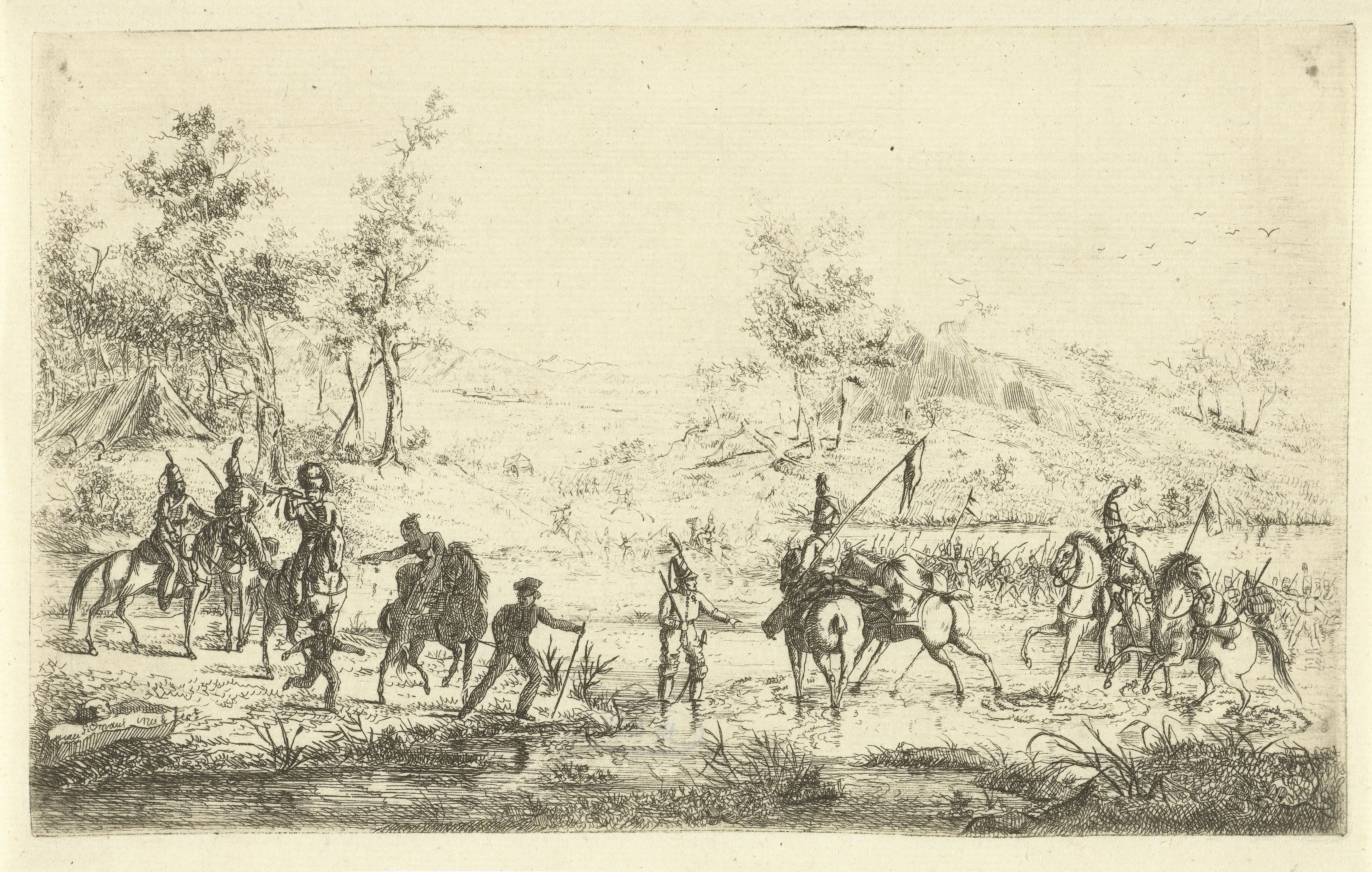 Cavaleristen steken een rivier over