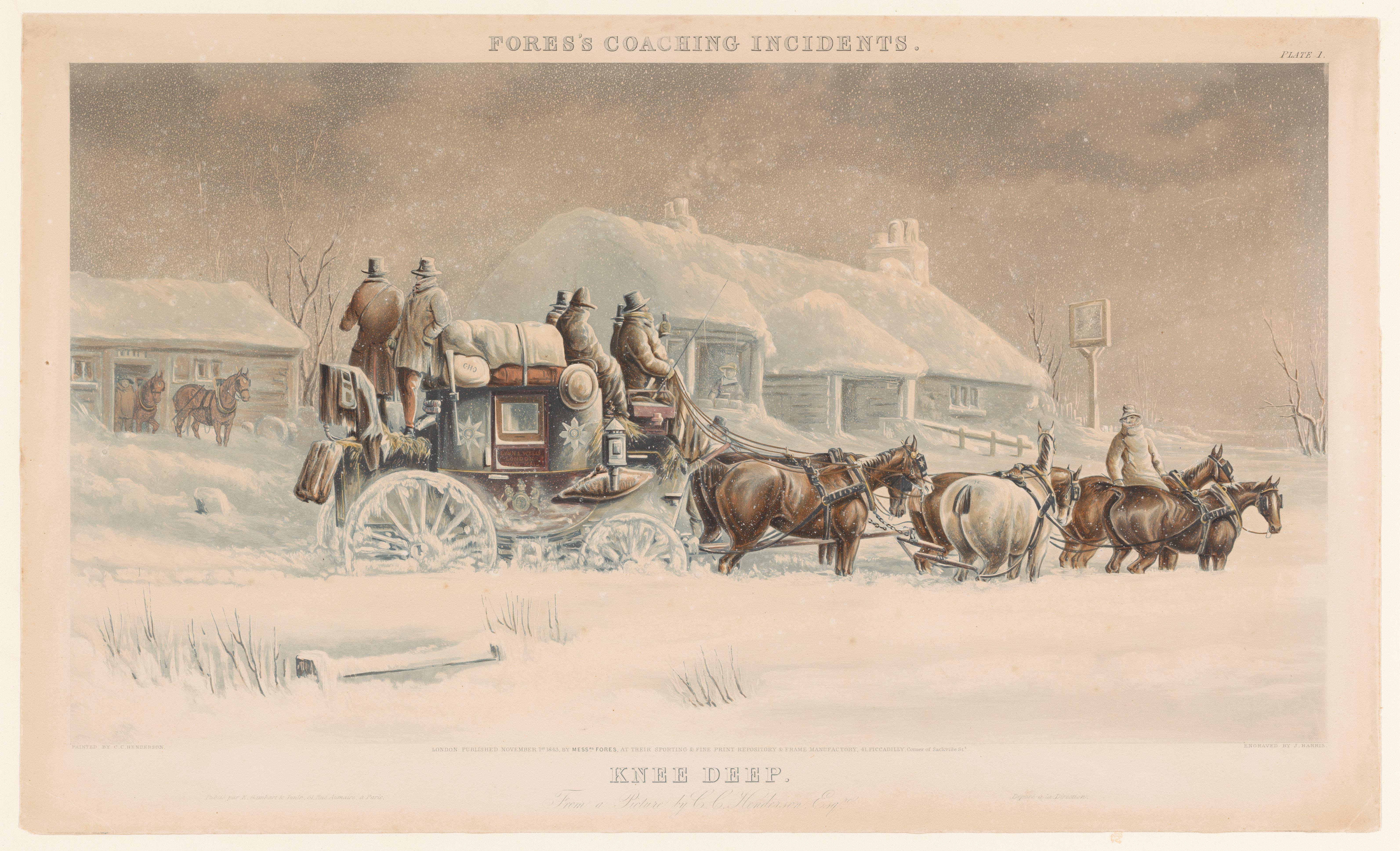 Koets met zes paarden in de sneeuw in een winterlandschap