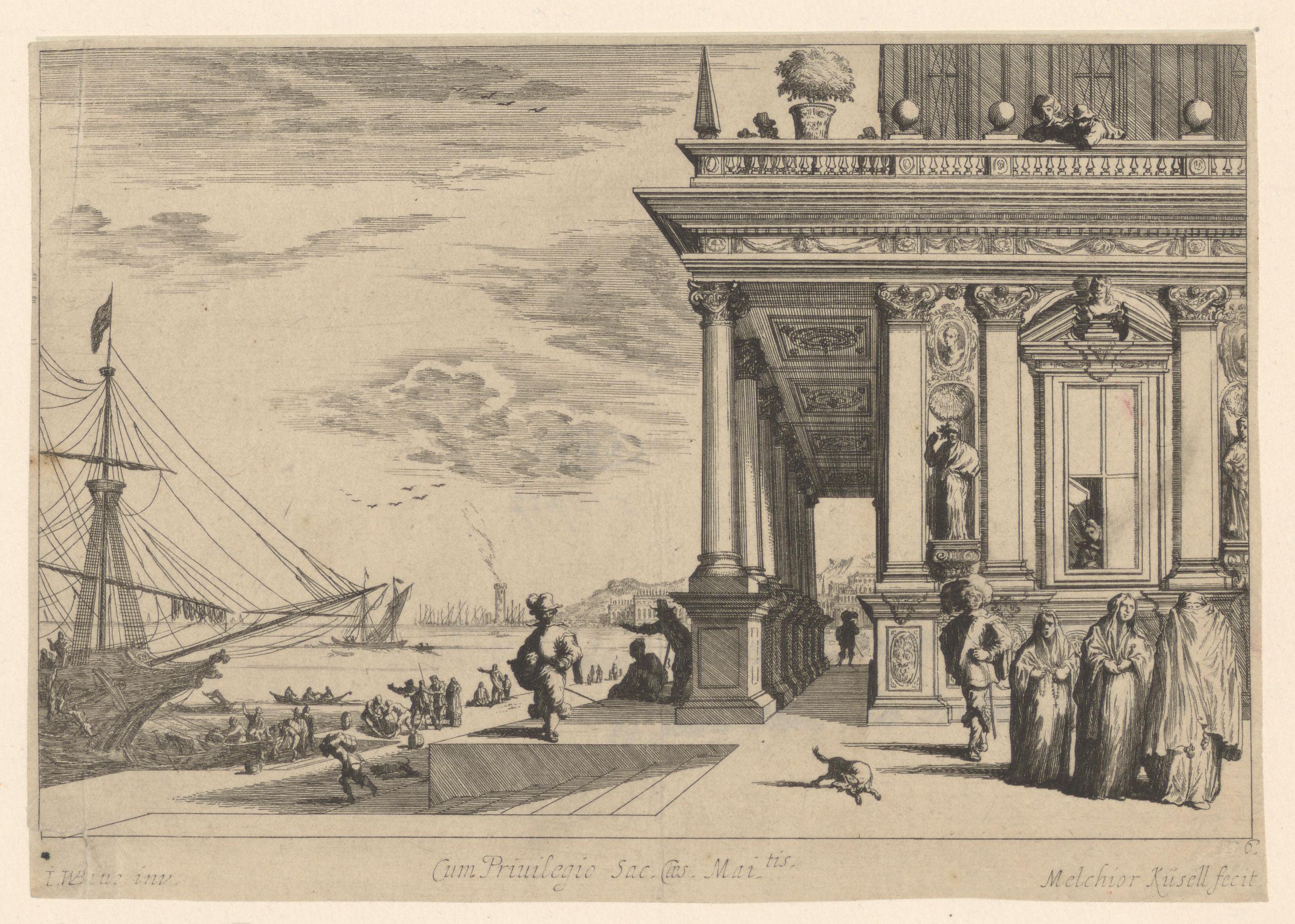 Gebouwen in Romeinse stijl aan een werf