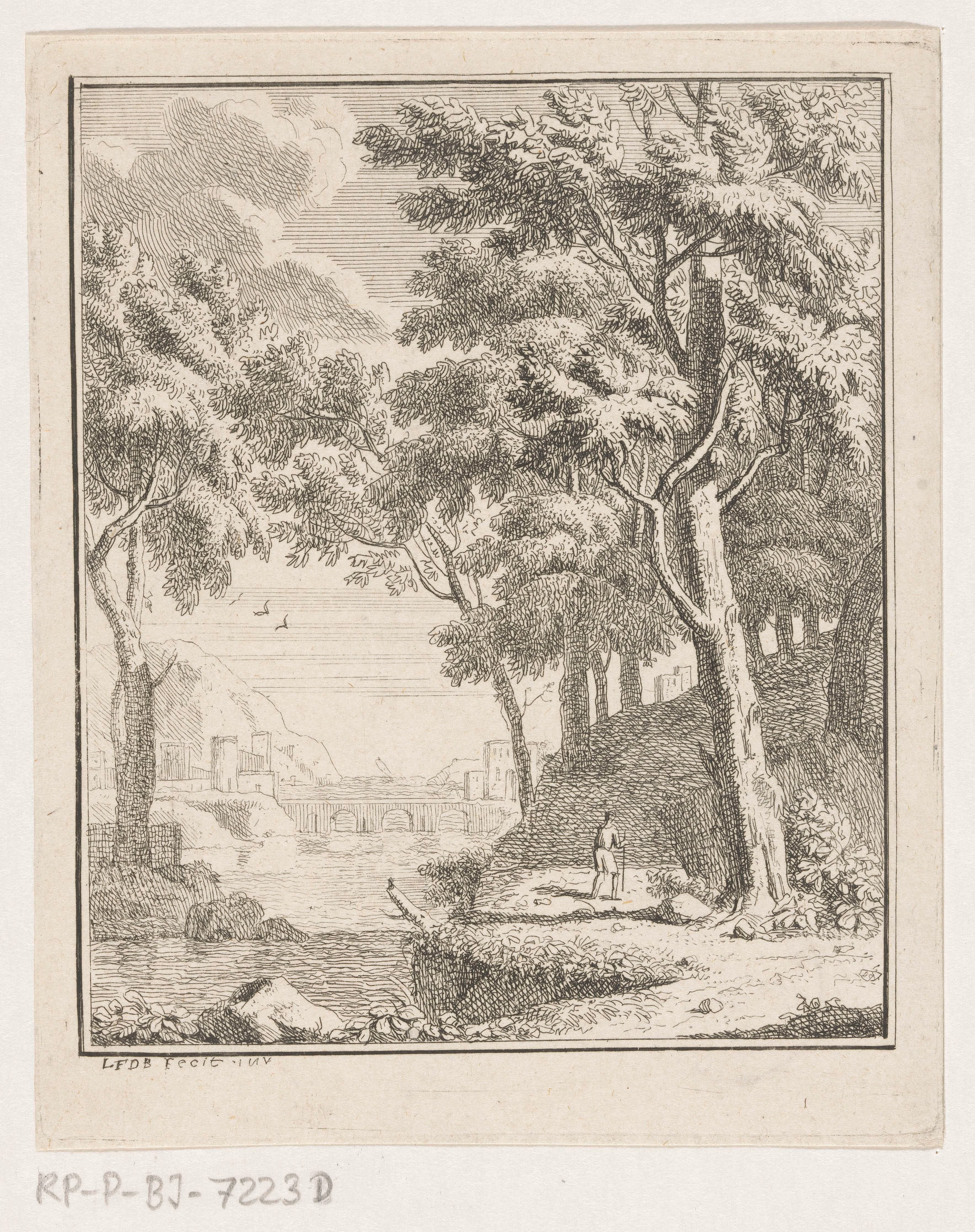 Arcadisch landschap met herder bij een rivier, in de verte een brug