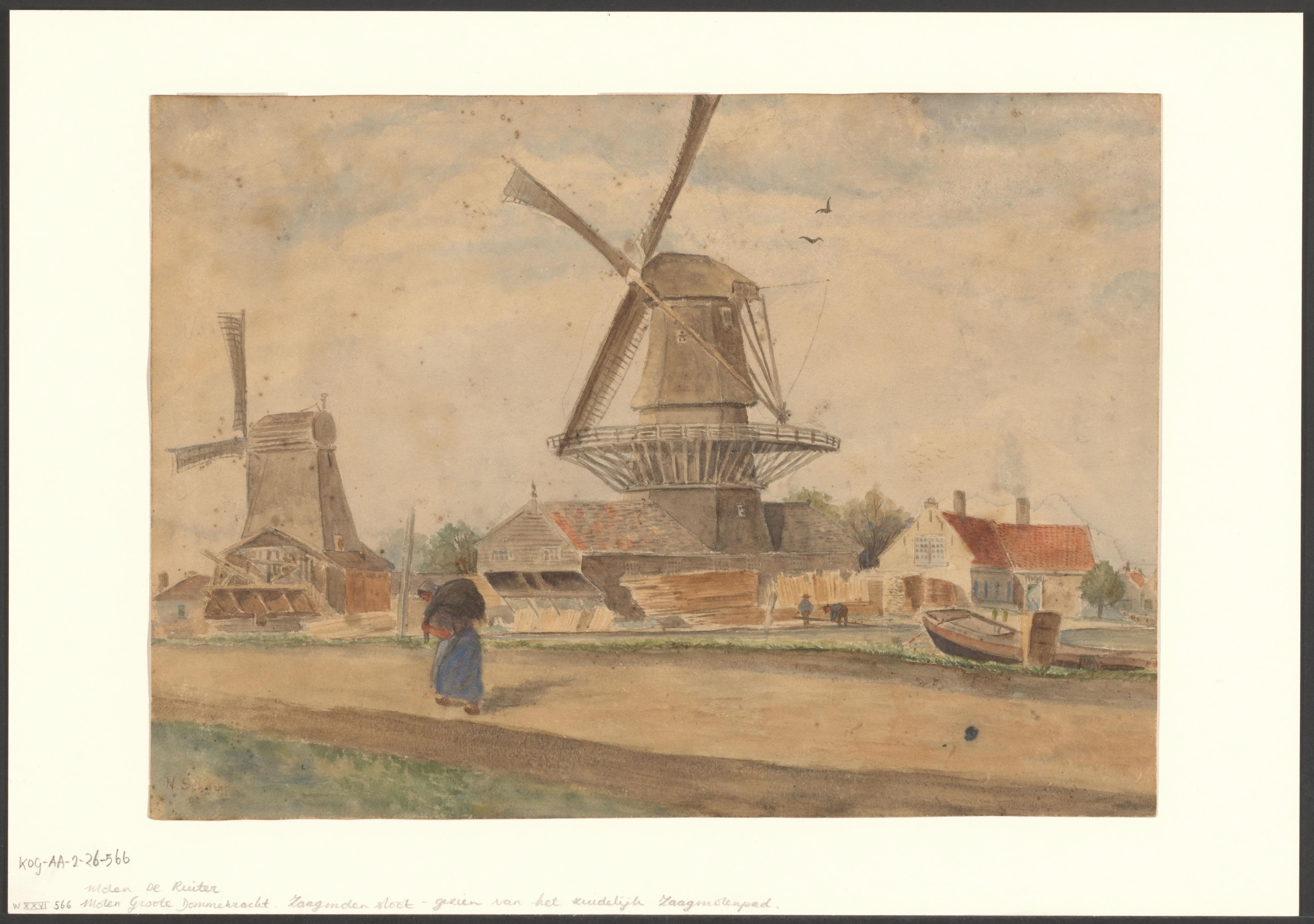 Gezicht op de Zaagmolensloot met molens De Ruiter en De Groote Dommekracht