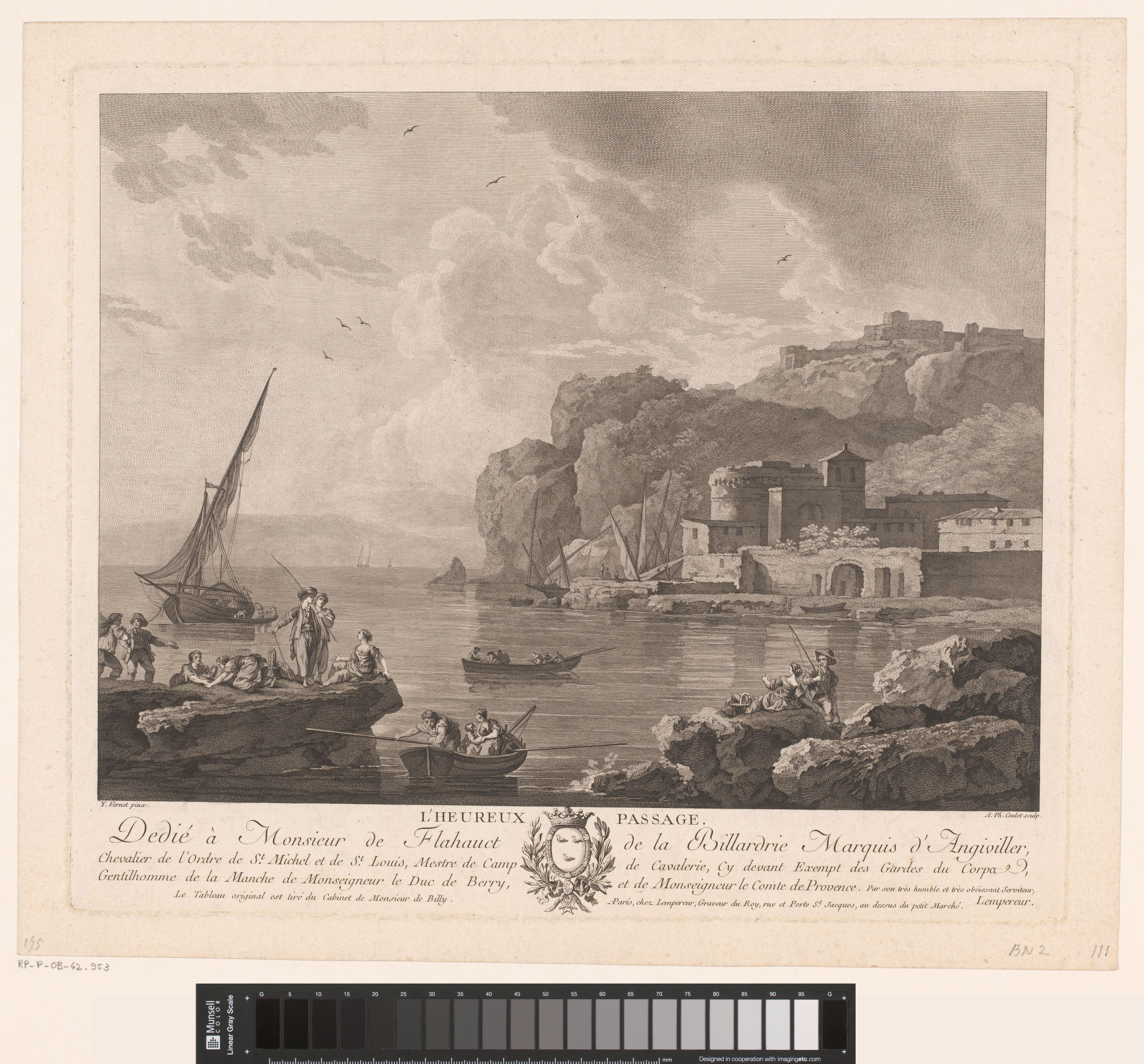 Rotsachtig landschap met figuren en boten aan een kust