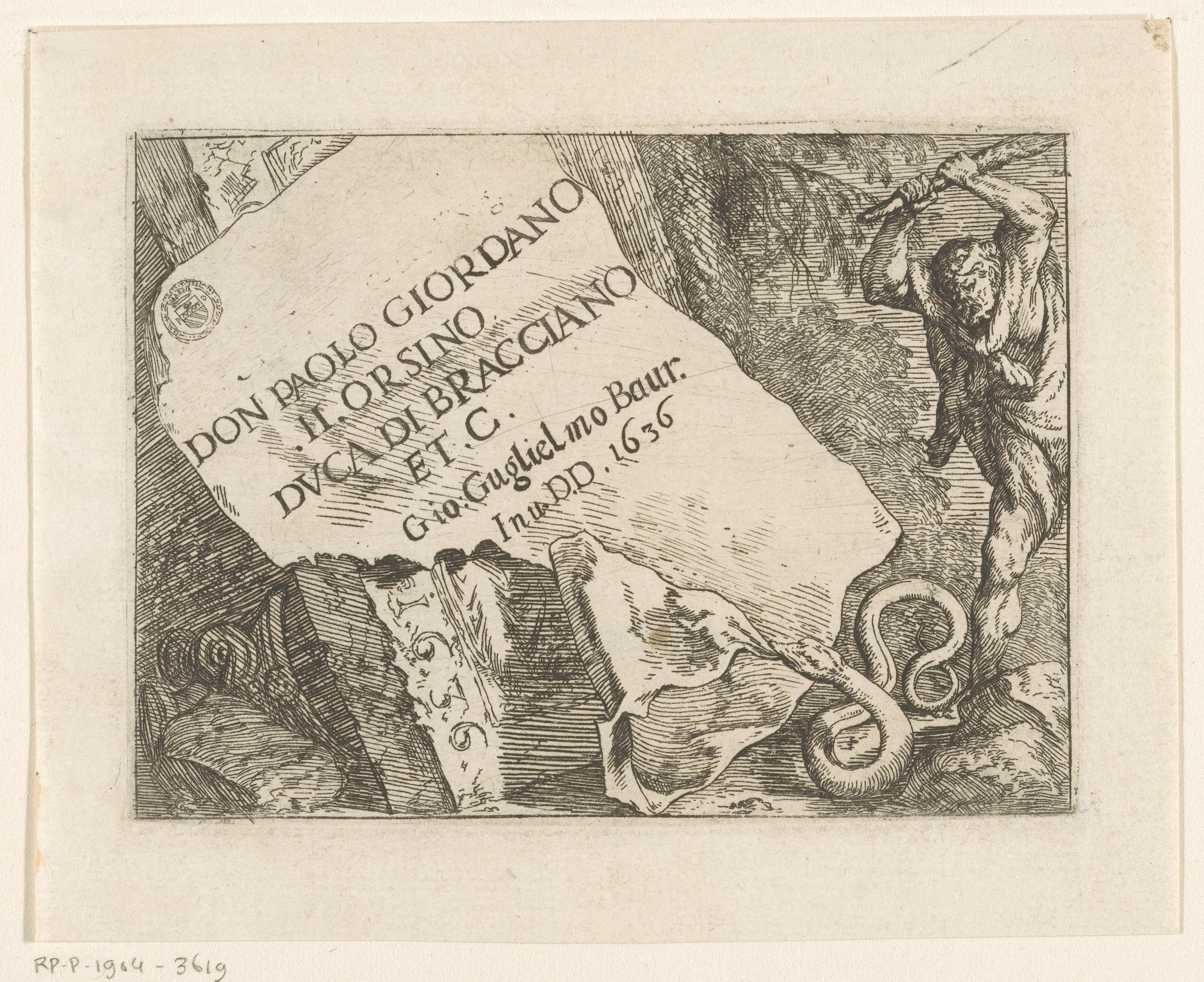 Hercules valt een slang aan die een vel papier met dedicatie verscheurt