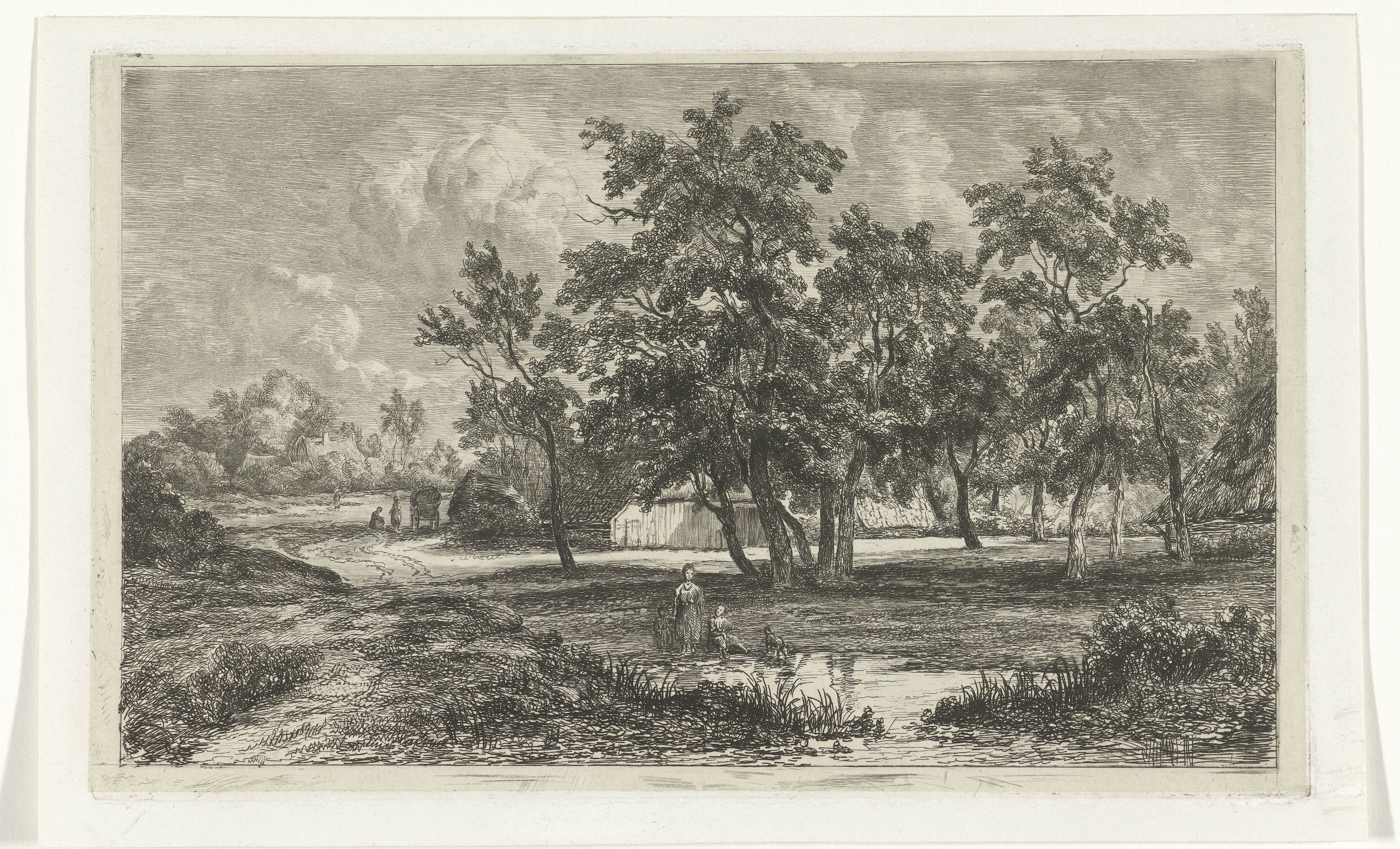 Landschap met boerderij tussen de bomen