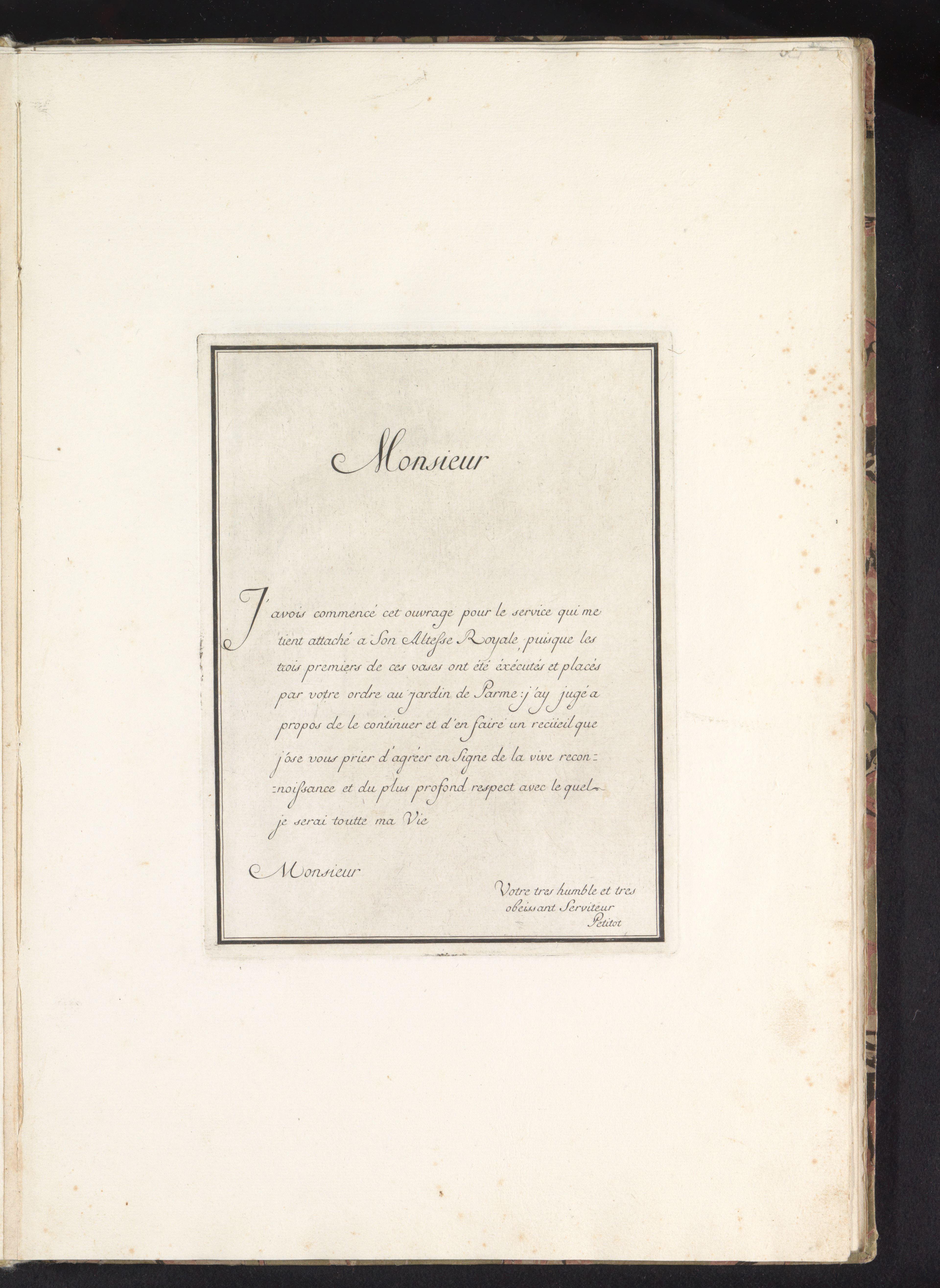 Dedicatieblad voor Suite des Vases met benoeming van de opdrachtgever en vervaardiger