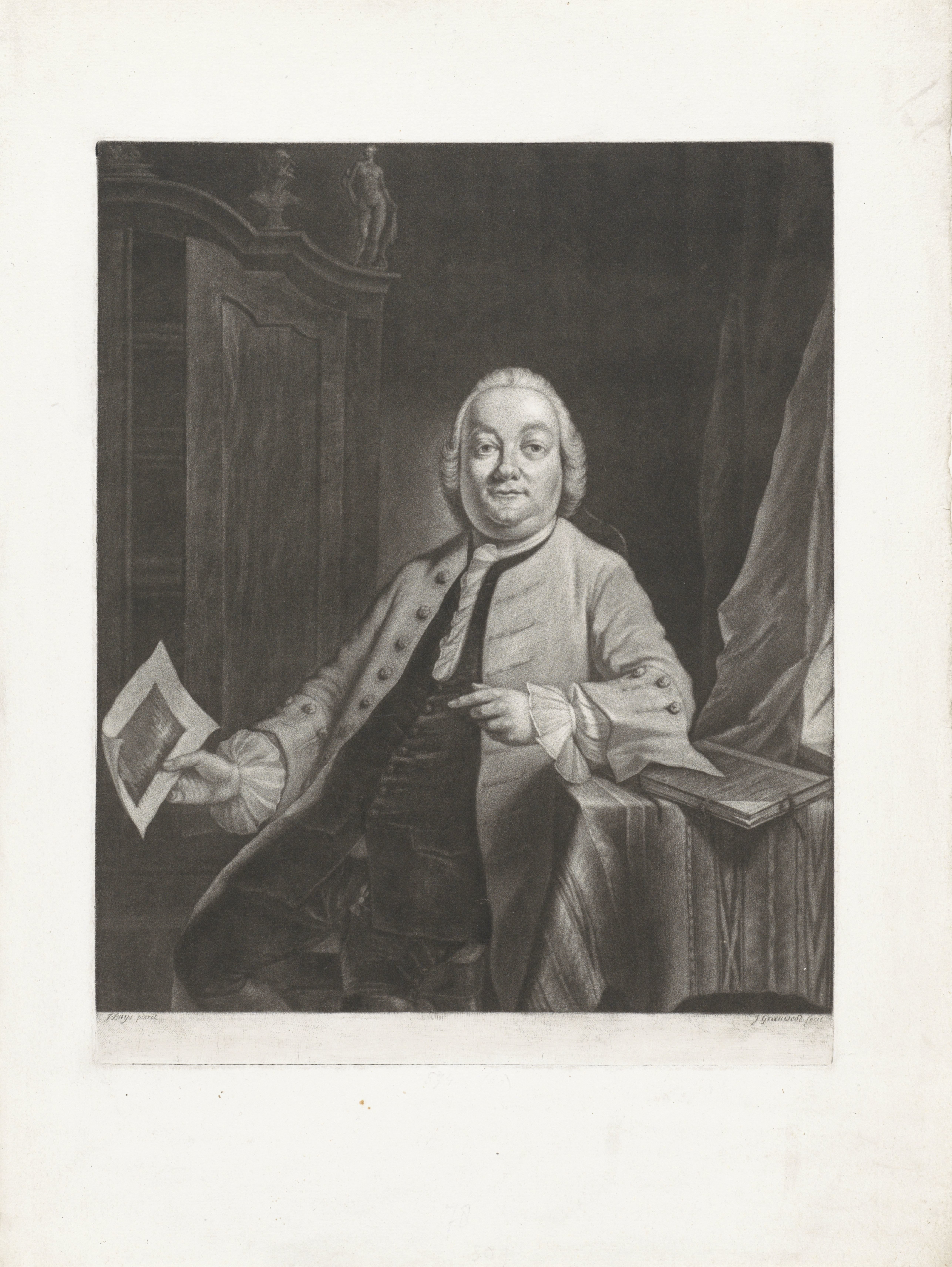 Portret van Simon Fokke met in zijn hand de prent van de plundering van het huis van Gerrit Hagedooren, 1751