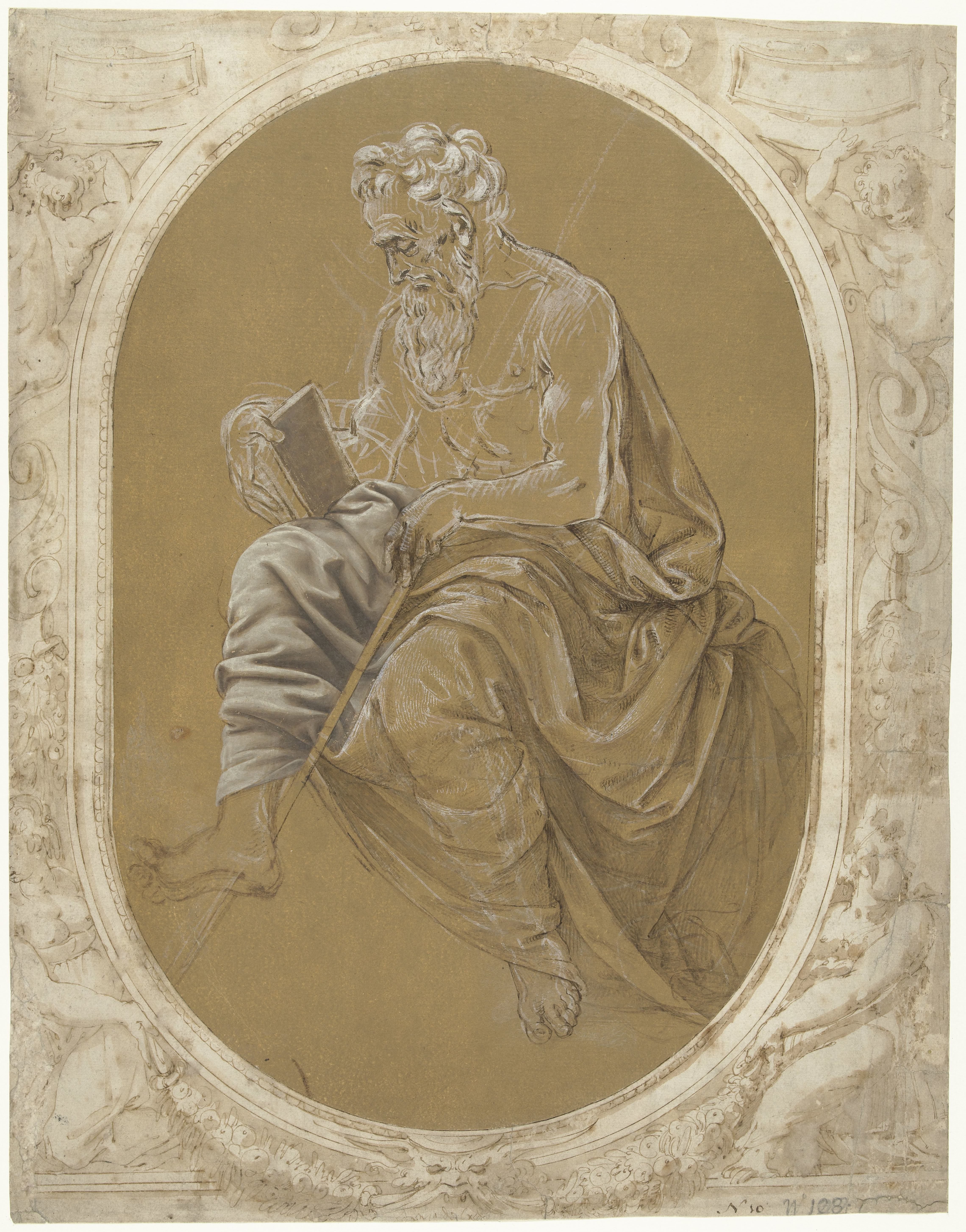 Studie voor een lezende apostel of evangelist, geplakt in een omlijsting met putti met cartouches en vrouwengestalten met festoenen