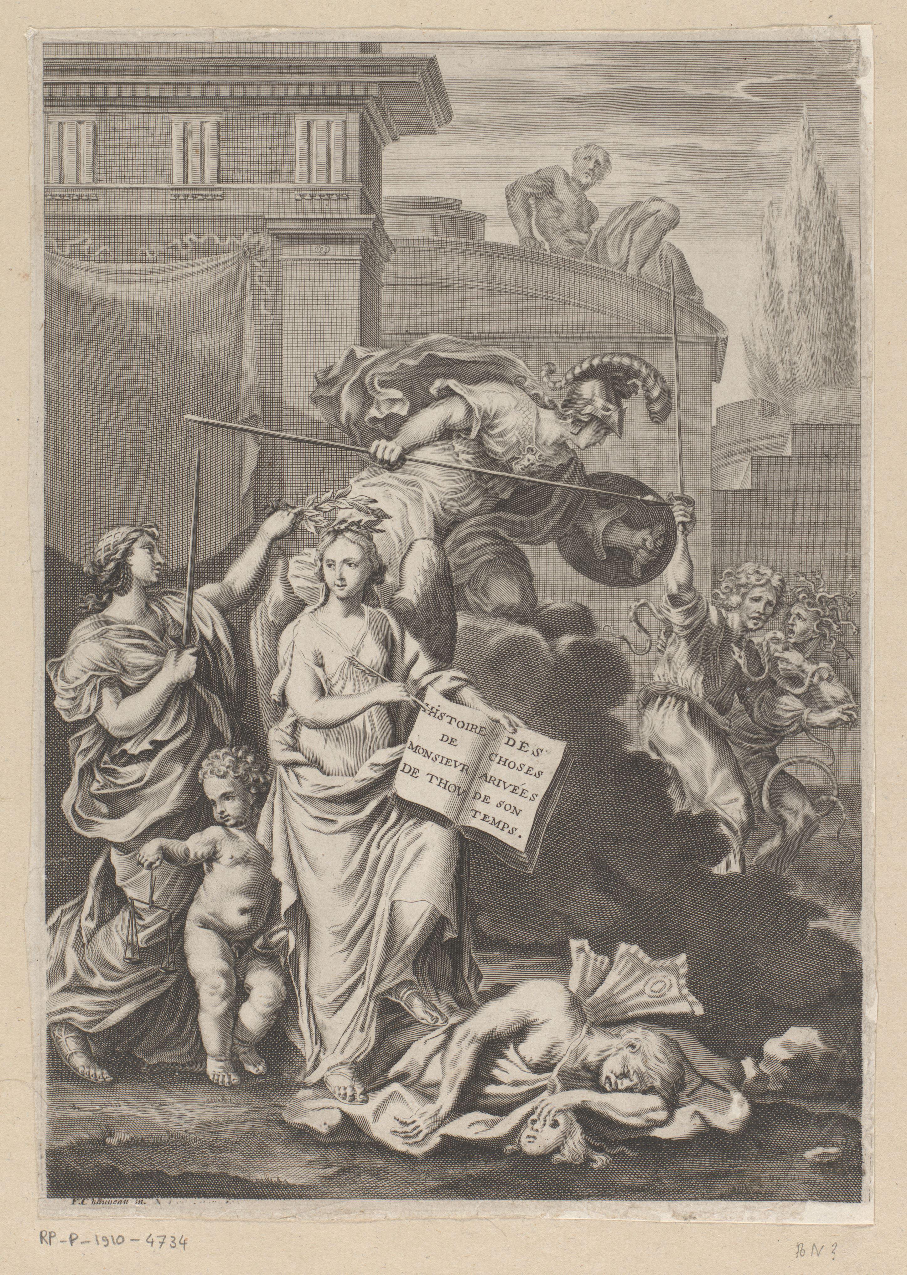 Allegorische voorstelling met een genie omgeven door mythologische figuren