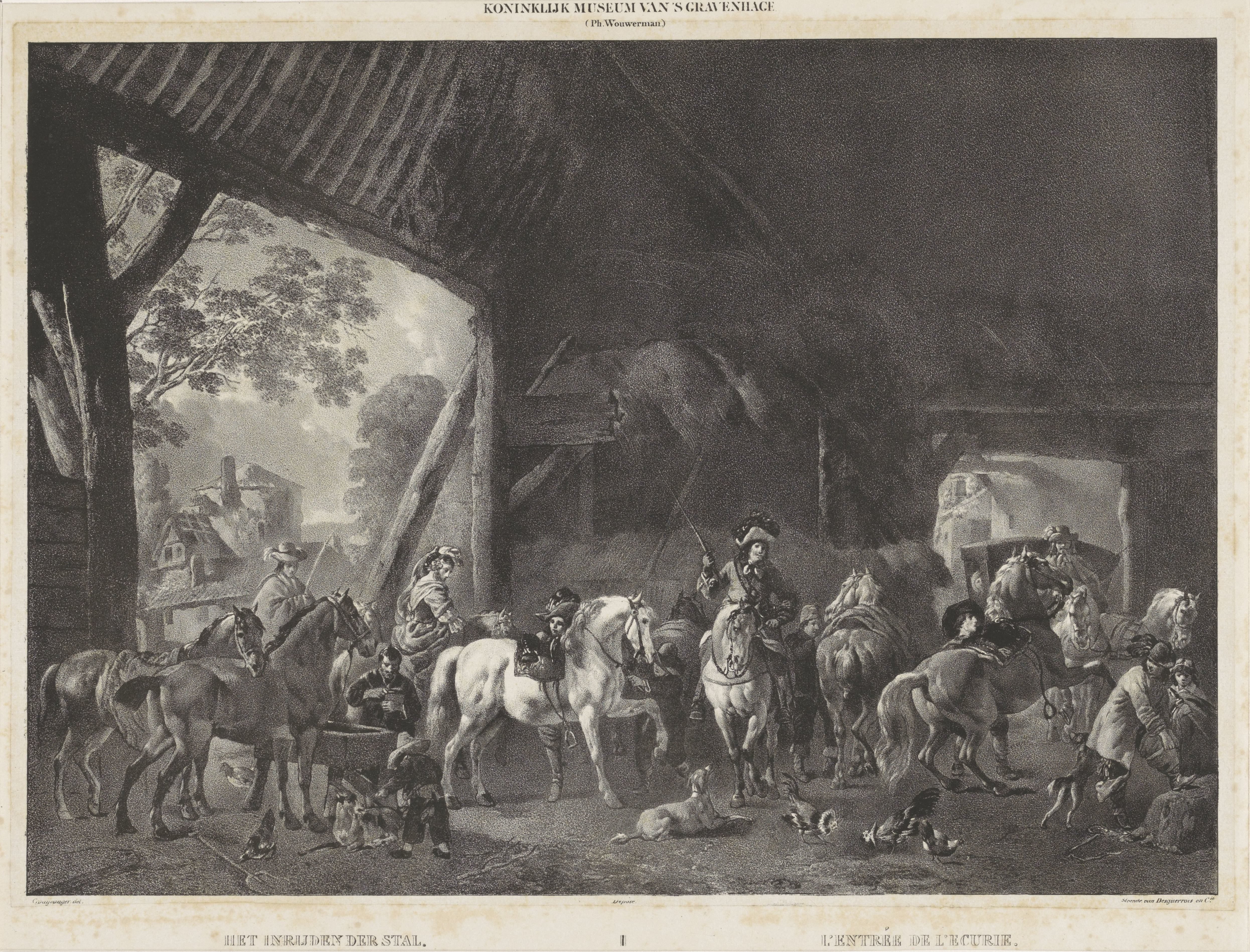 Stalinterieur met aankomst van een jachtgezelschap