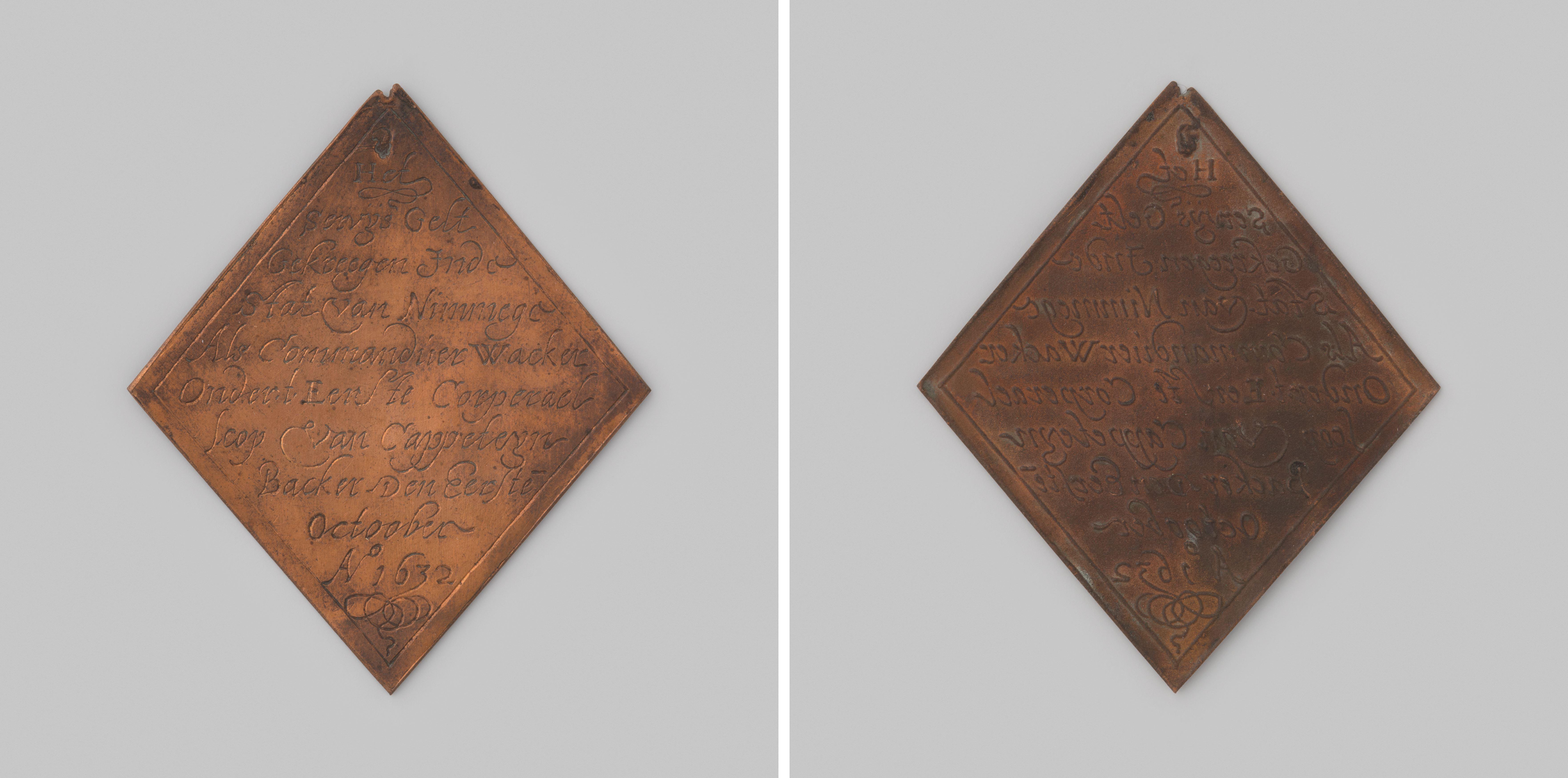 Ruitvormig draagteken op naam van Antonij Crijnen, galvanokopie van de keerzijde van de penning, berustend in Teylers Museum (inv. TMNK 00463)