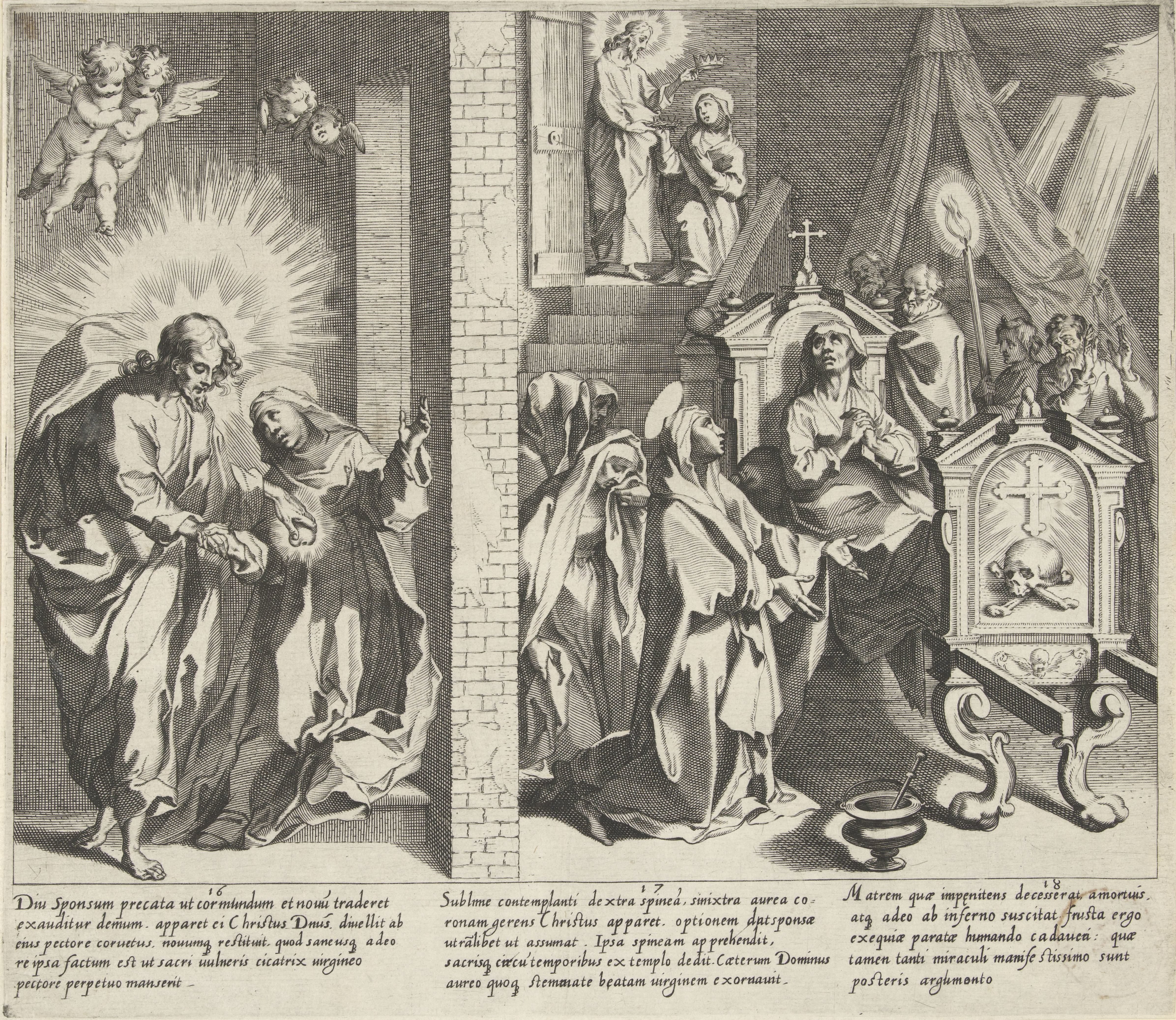 Catharina en Christus ruilen hun harten / Catharina kiest de doornenkroon / Catharina bezoekt een zieke vrouw op haar sterfbed