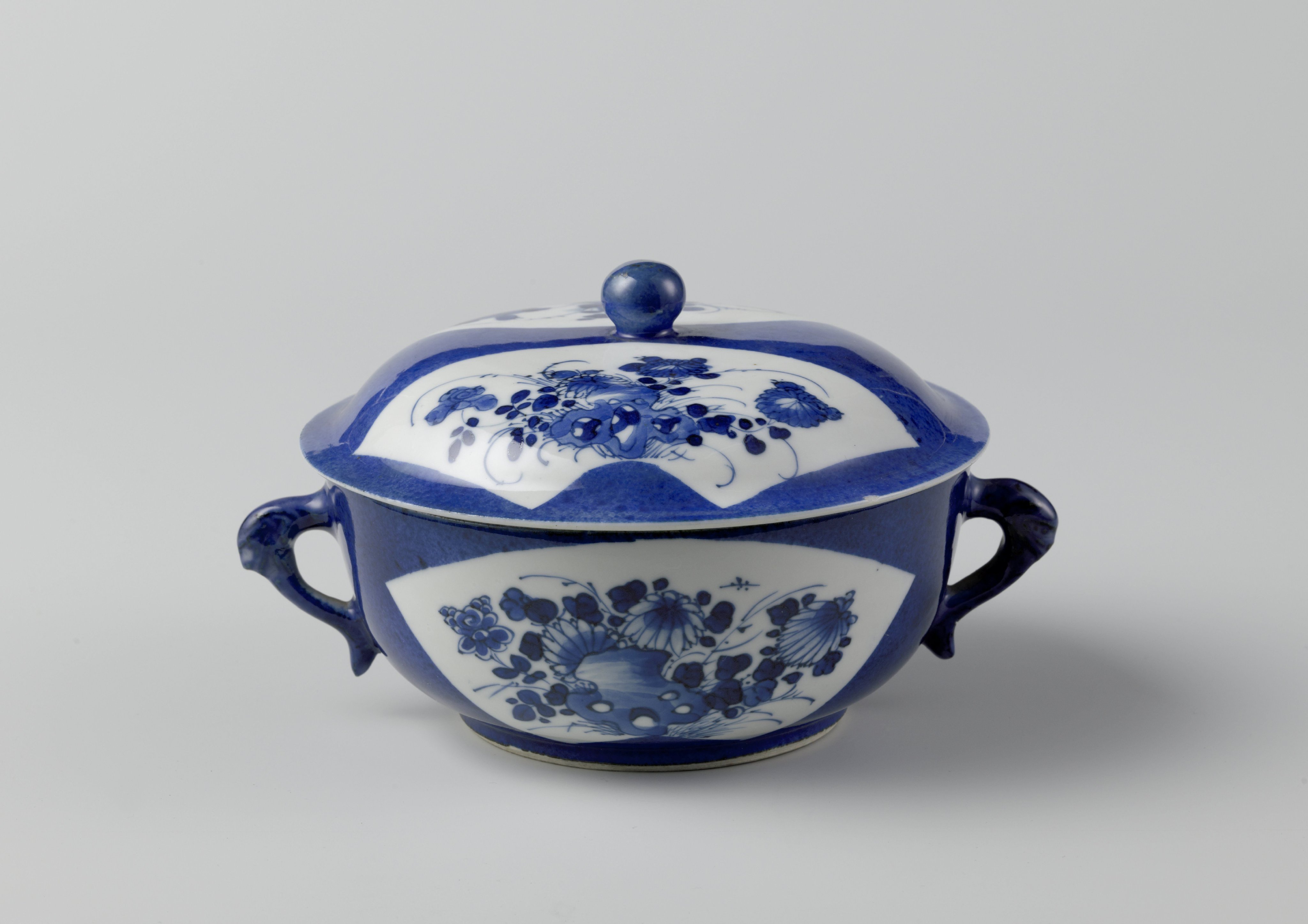 Covered bowl with powder blue and flower sprays in fan-shaped panels