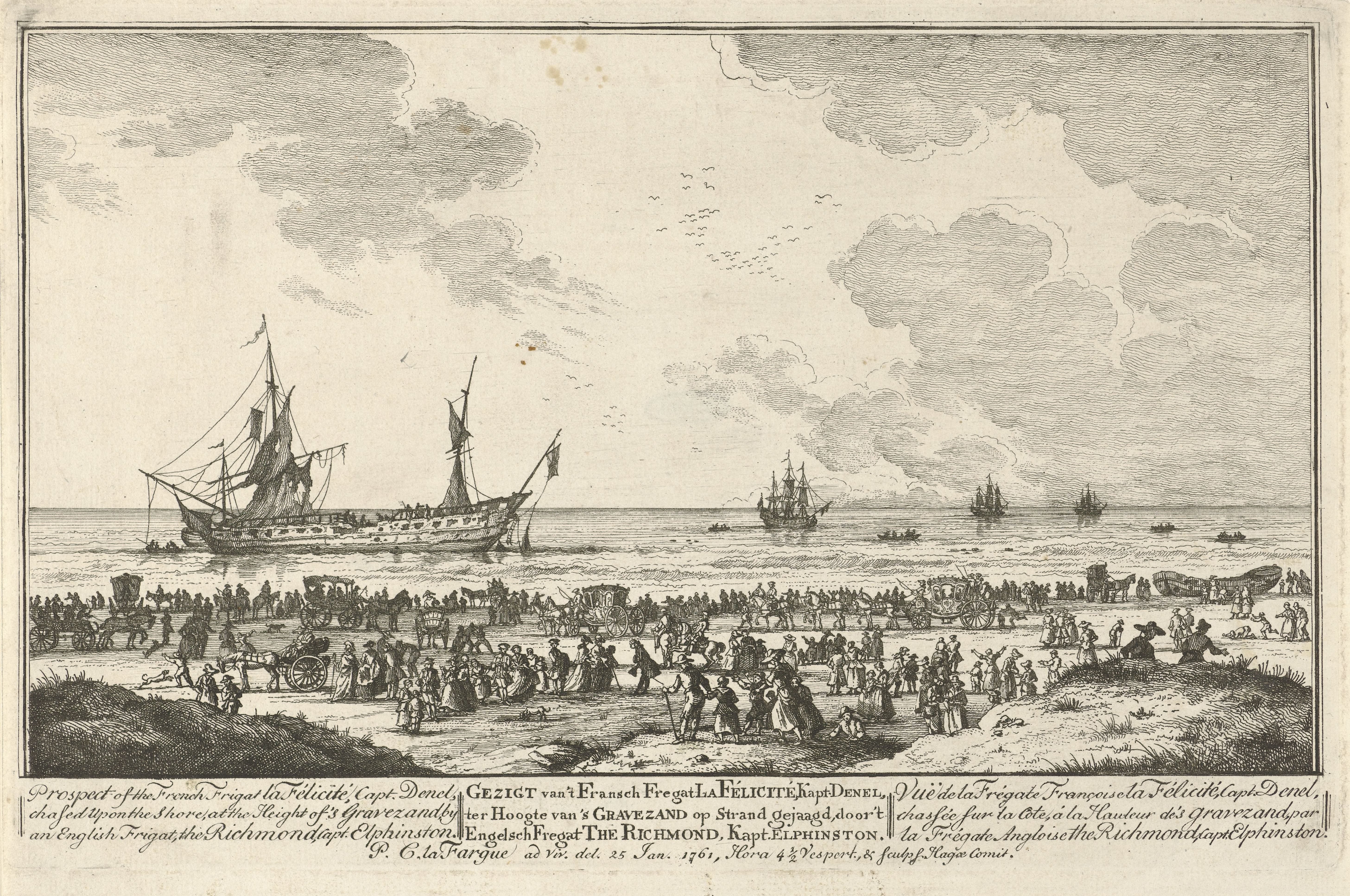 Franse fregat La Félicité door een Engels fregat op het strand gejaagd, 1761