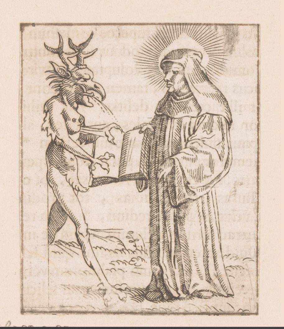 Duivel wijst de heilige Bernardus op de psalmen in de bijbel