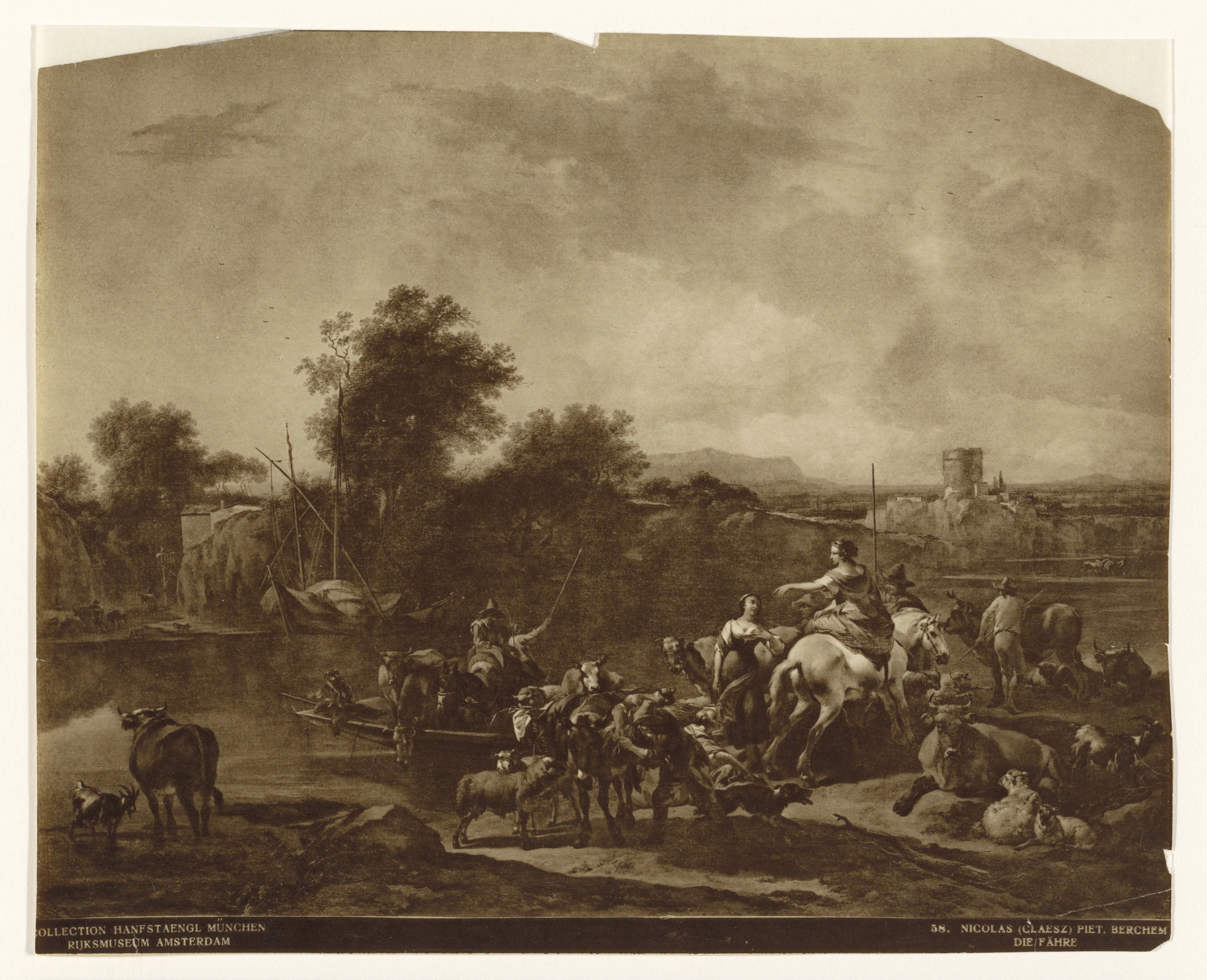 Reproductie van het schilderij 'Het ponteveer' door Nicolaas Berchem