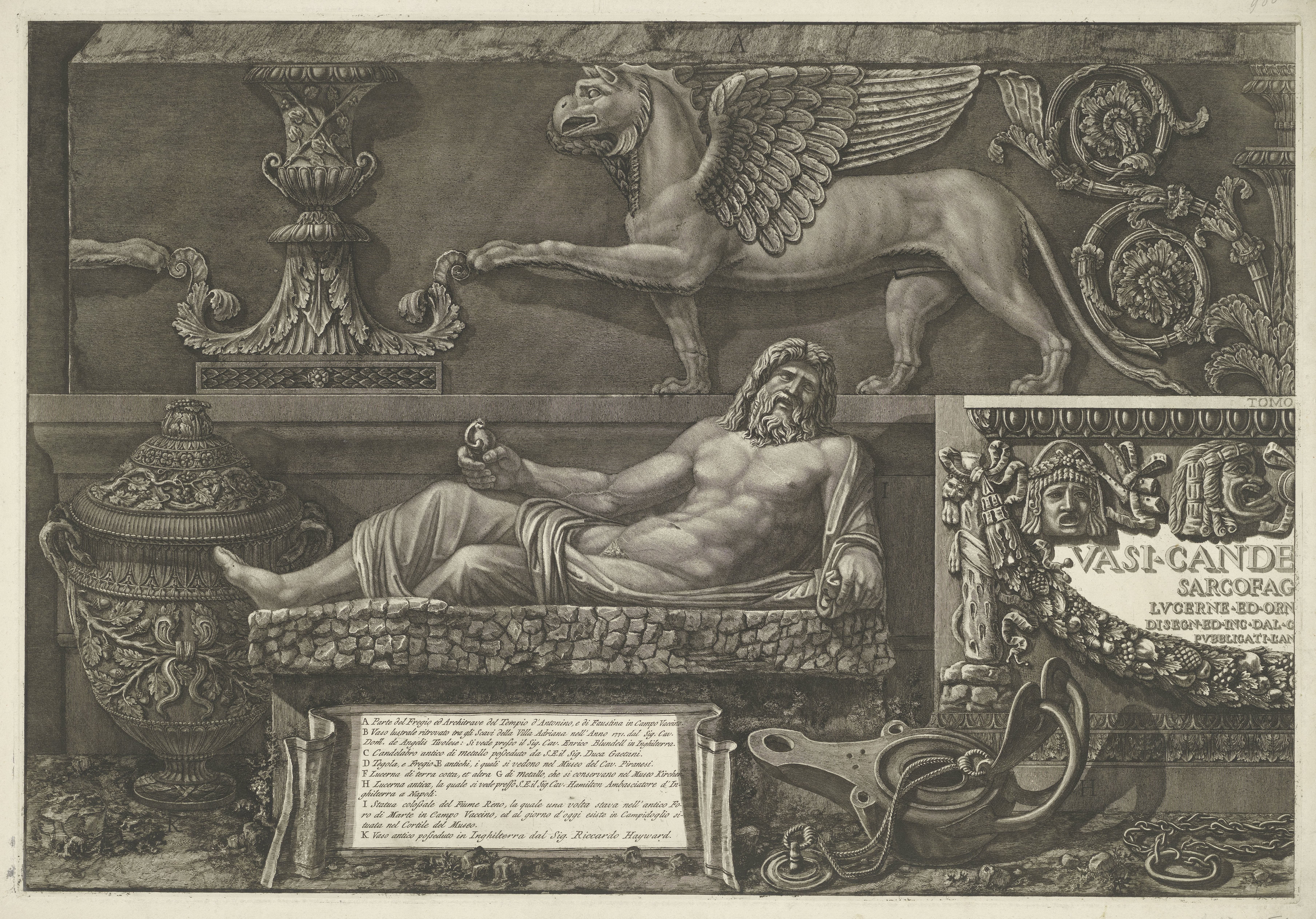 Titelprent met sculpturen, gebeeldhouwde reliëfs en een sarcofaag met titel (linker deel)
