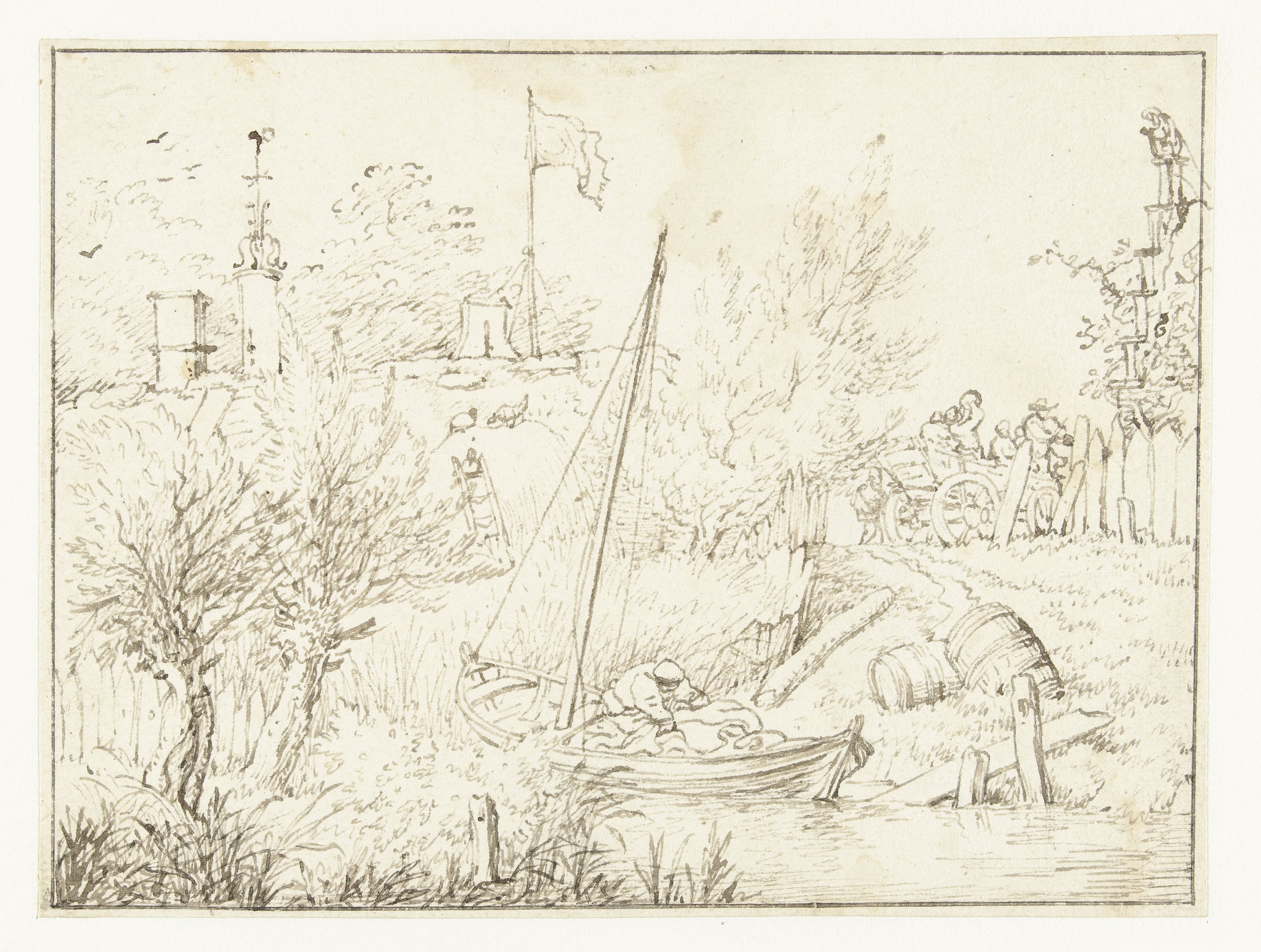 Landschap met een bootje, huizen en een kar