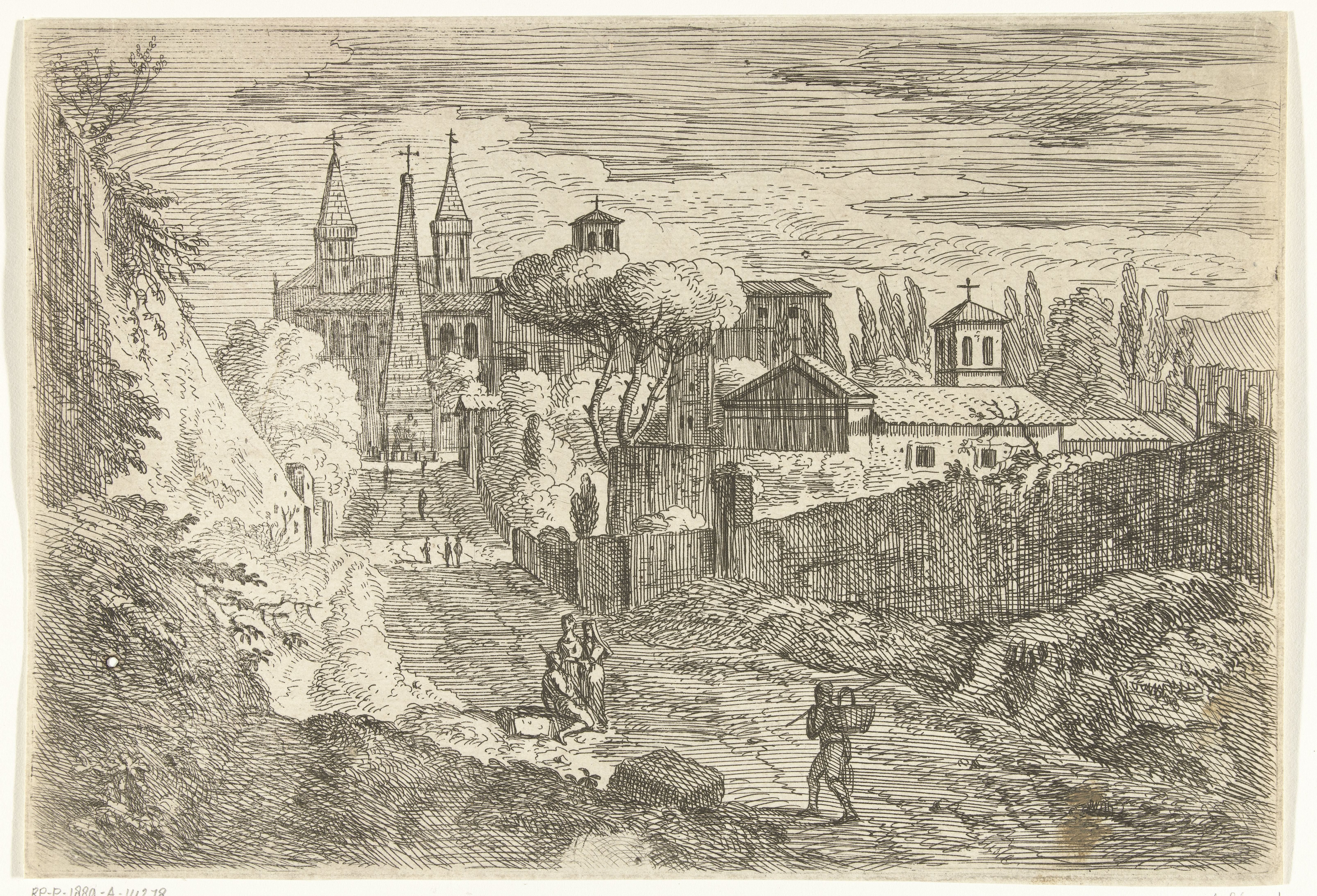 Italianiserend landschap met reizigers bij stadsmuren