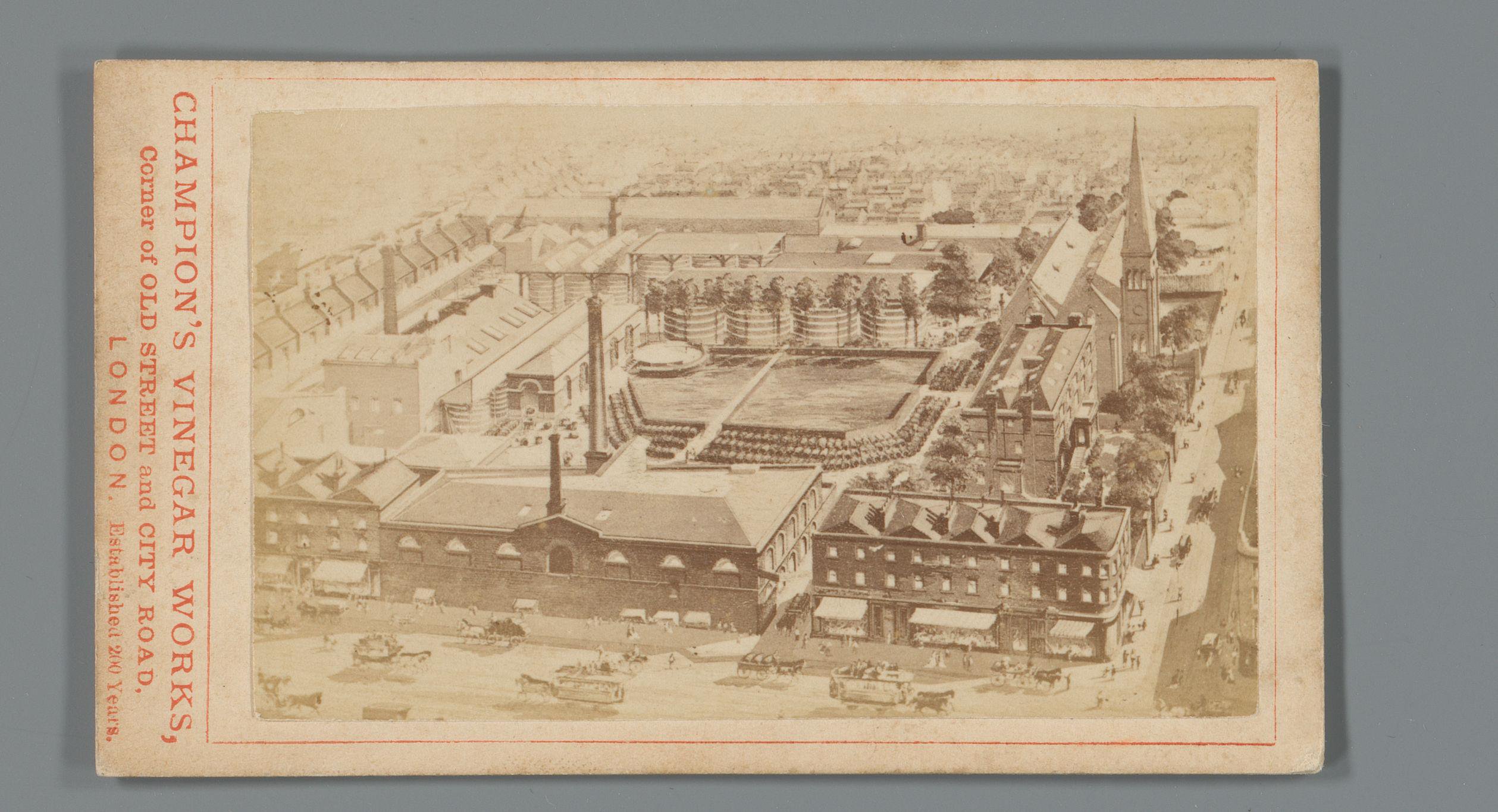 Gezicht op de fabriek van Champion's Vinegar Works in Londen