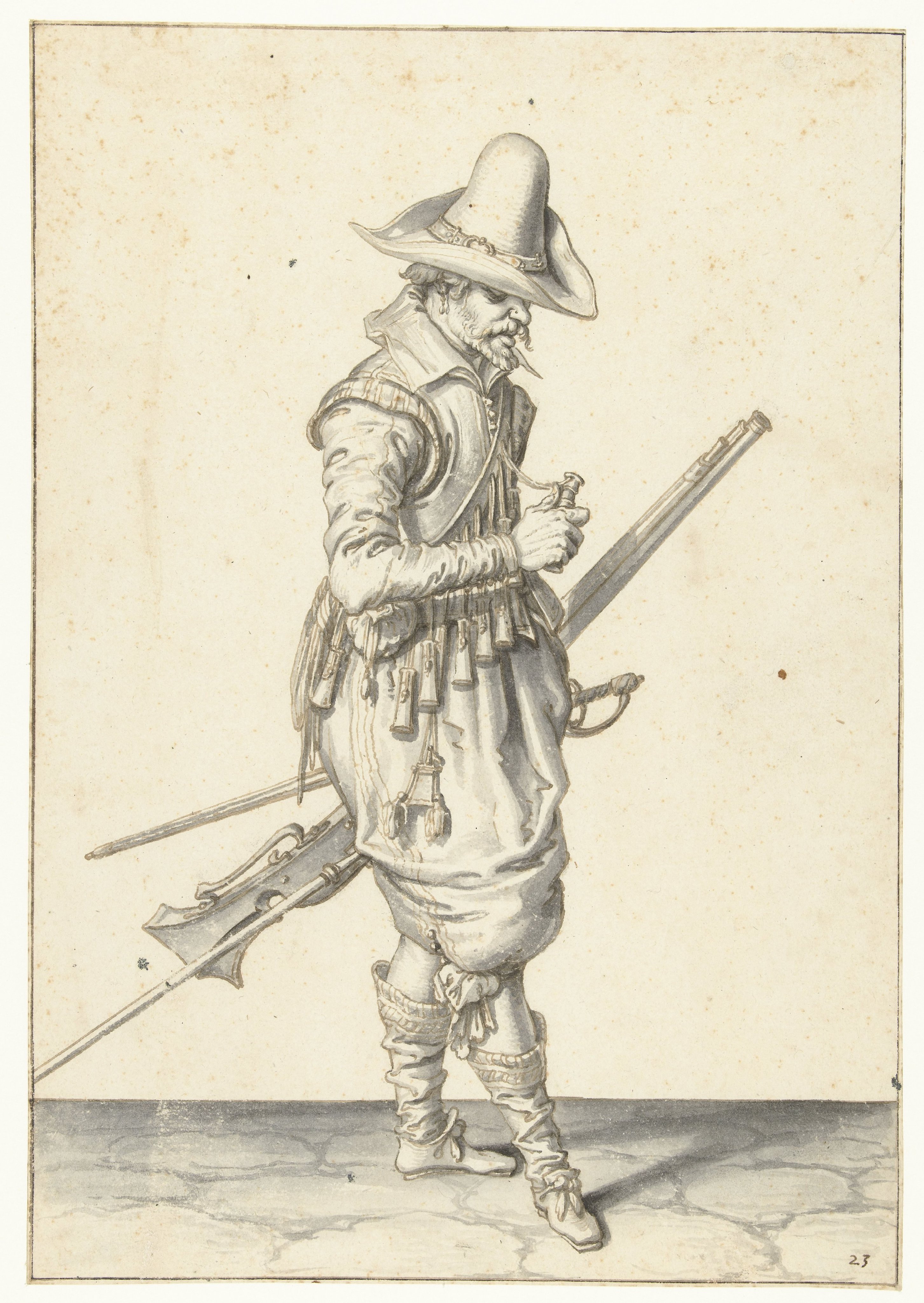 Soldaat met een musket die een kruitmaat opent