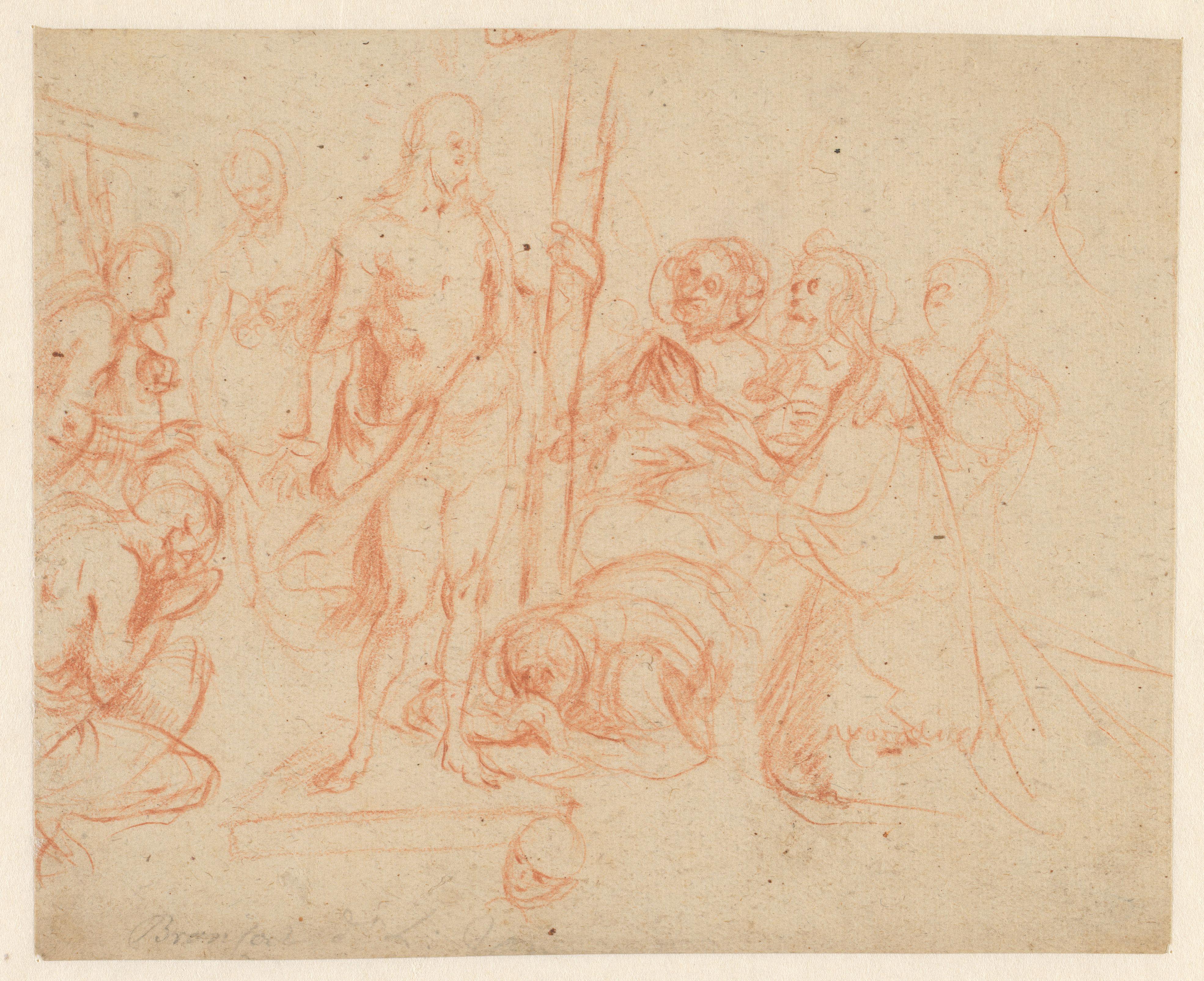 Christus met het kruis, omringd door knielende figuren