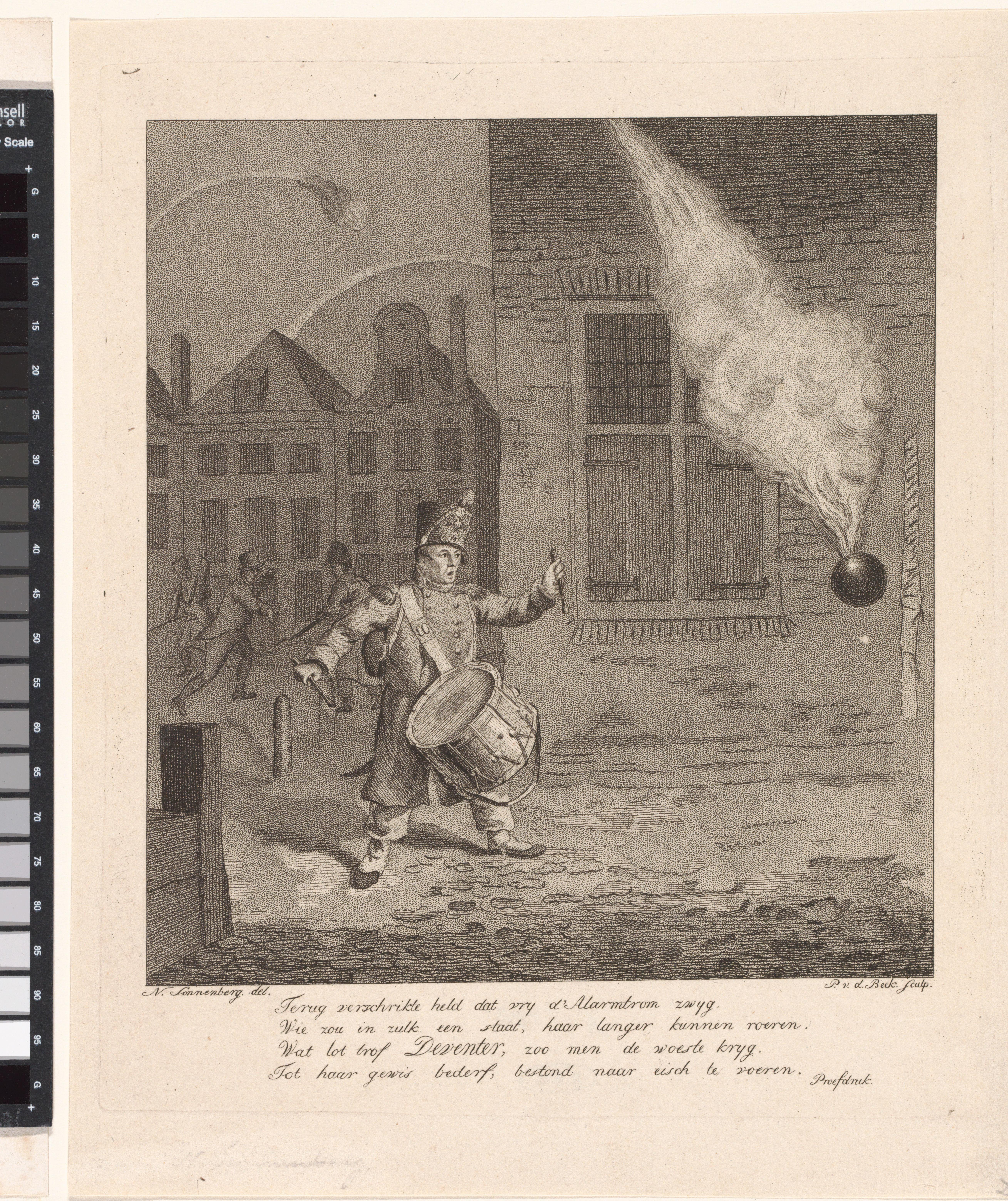 Soldaat met trommel schrikt van kanonskogel tijdens beleg van Deventer door de Fransen in 1813