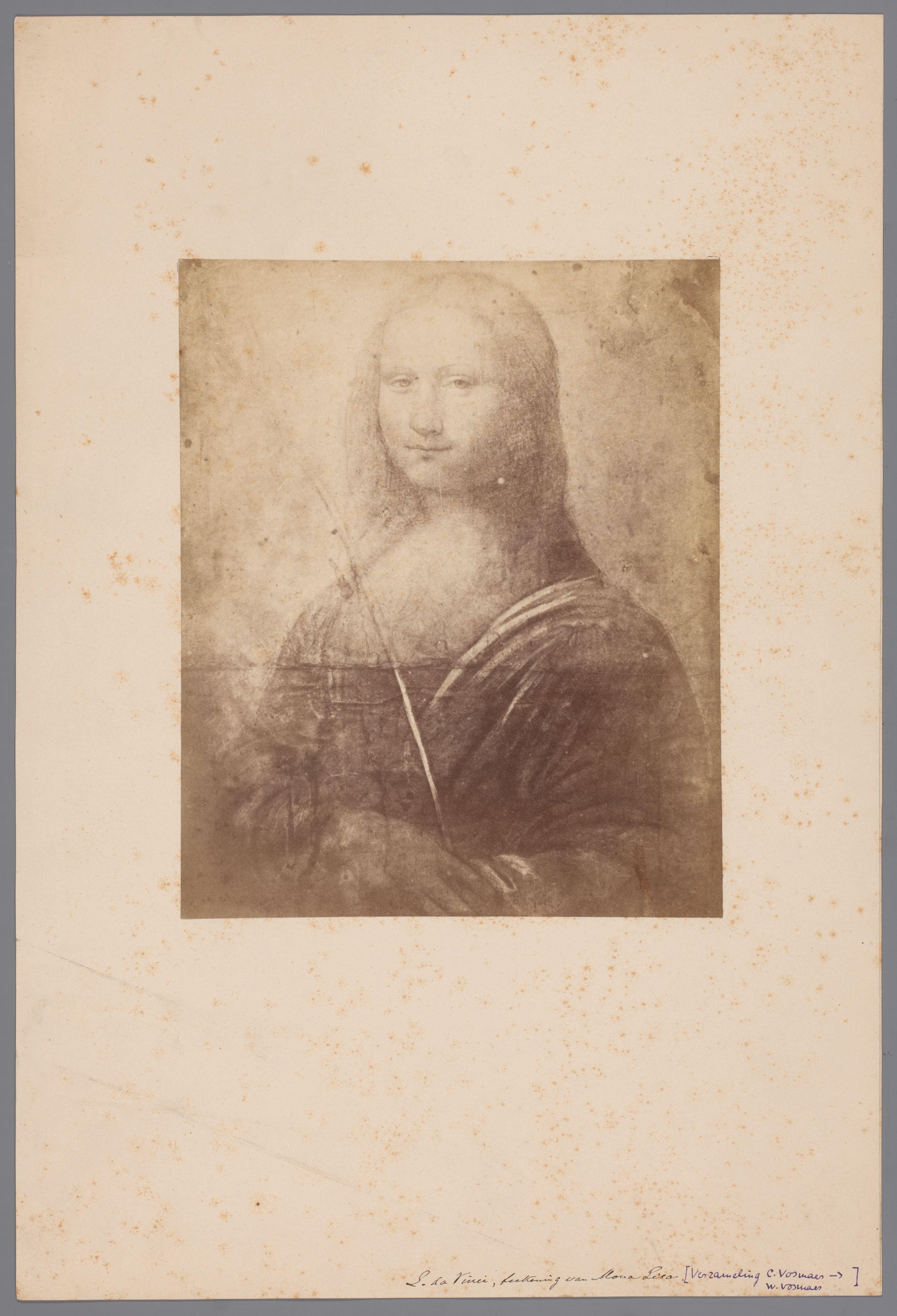 Fotoreproductie van een tekening voorstellende de Mona Lisa naar Leonardo da Vinci