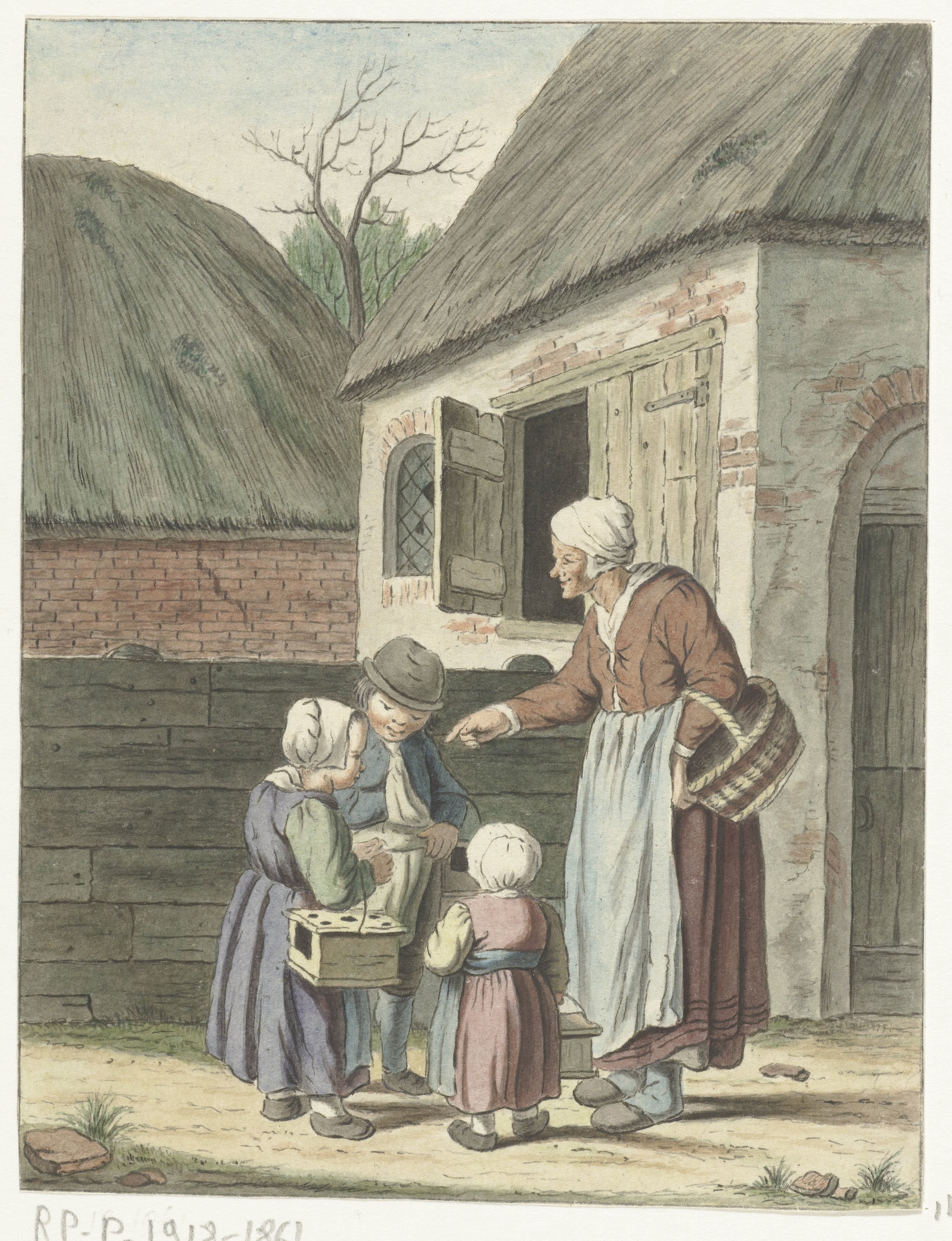 Erf met oude vrouw en drie kinderen