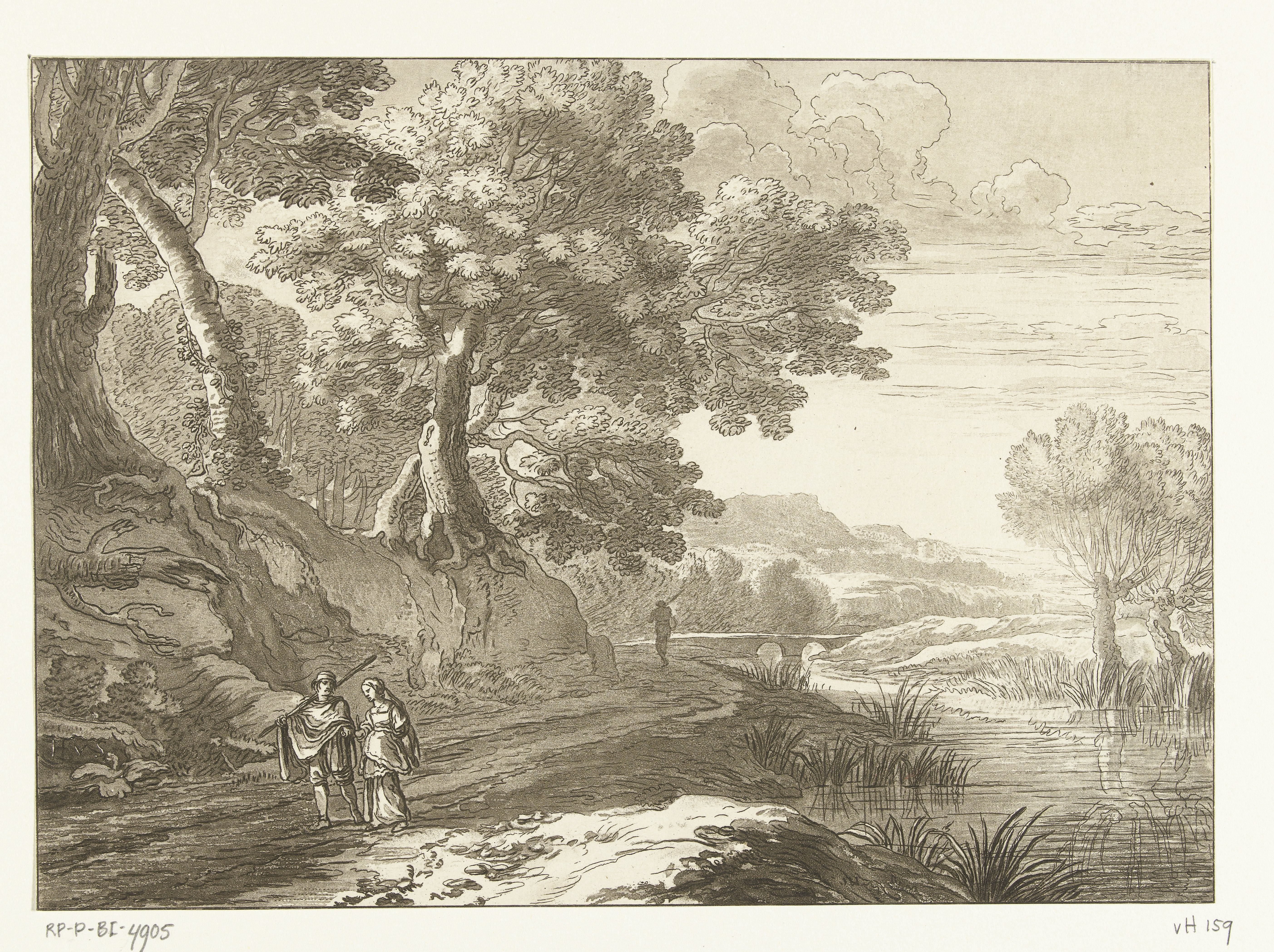 Italianiserend landschap met drie wandelaars