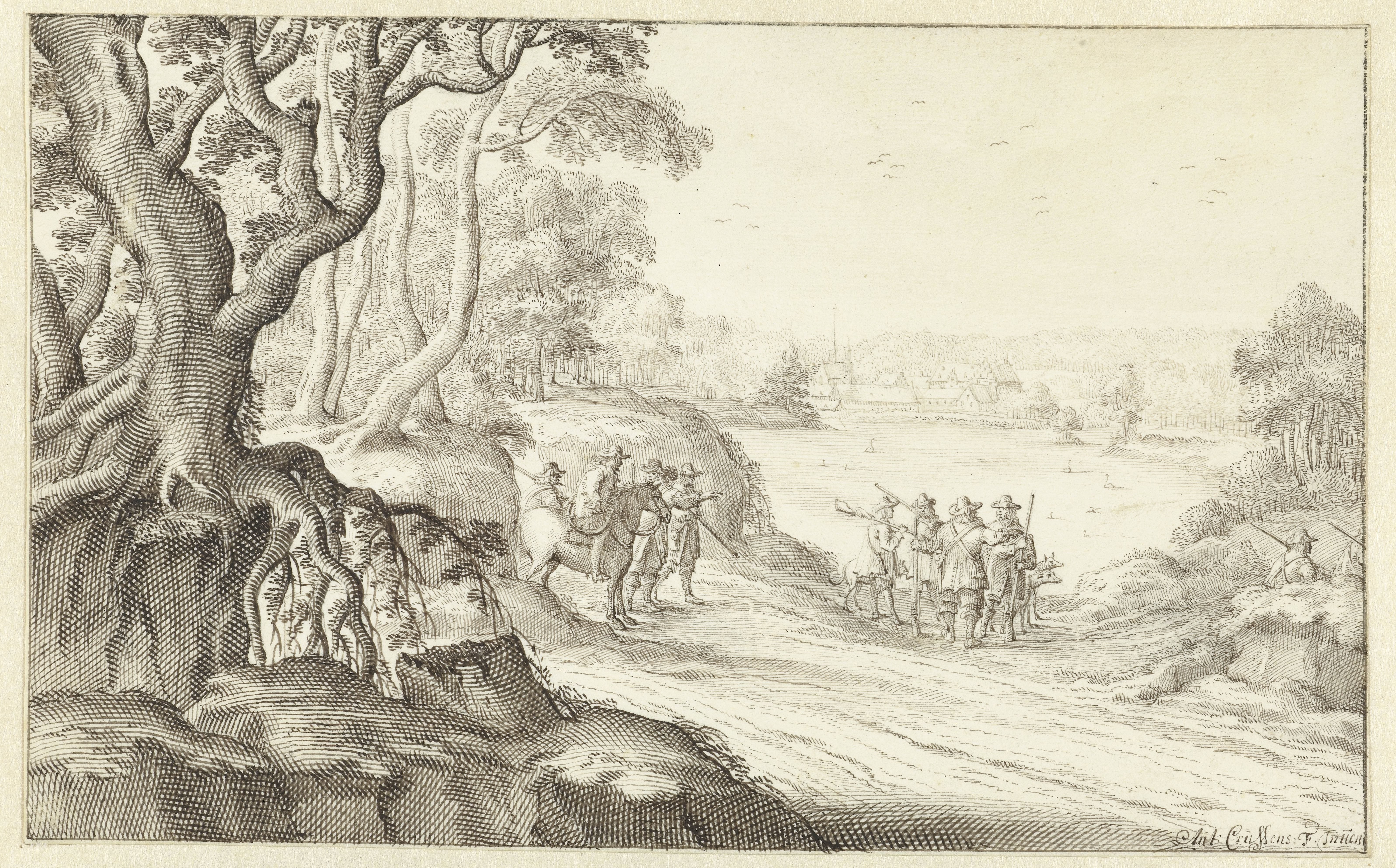 Jagers in een heuvelachtig landschap