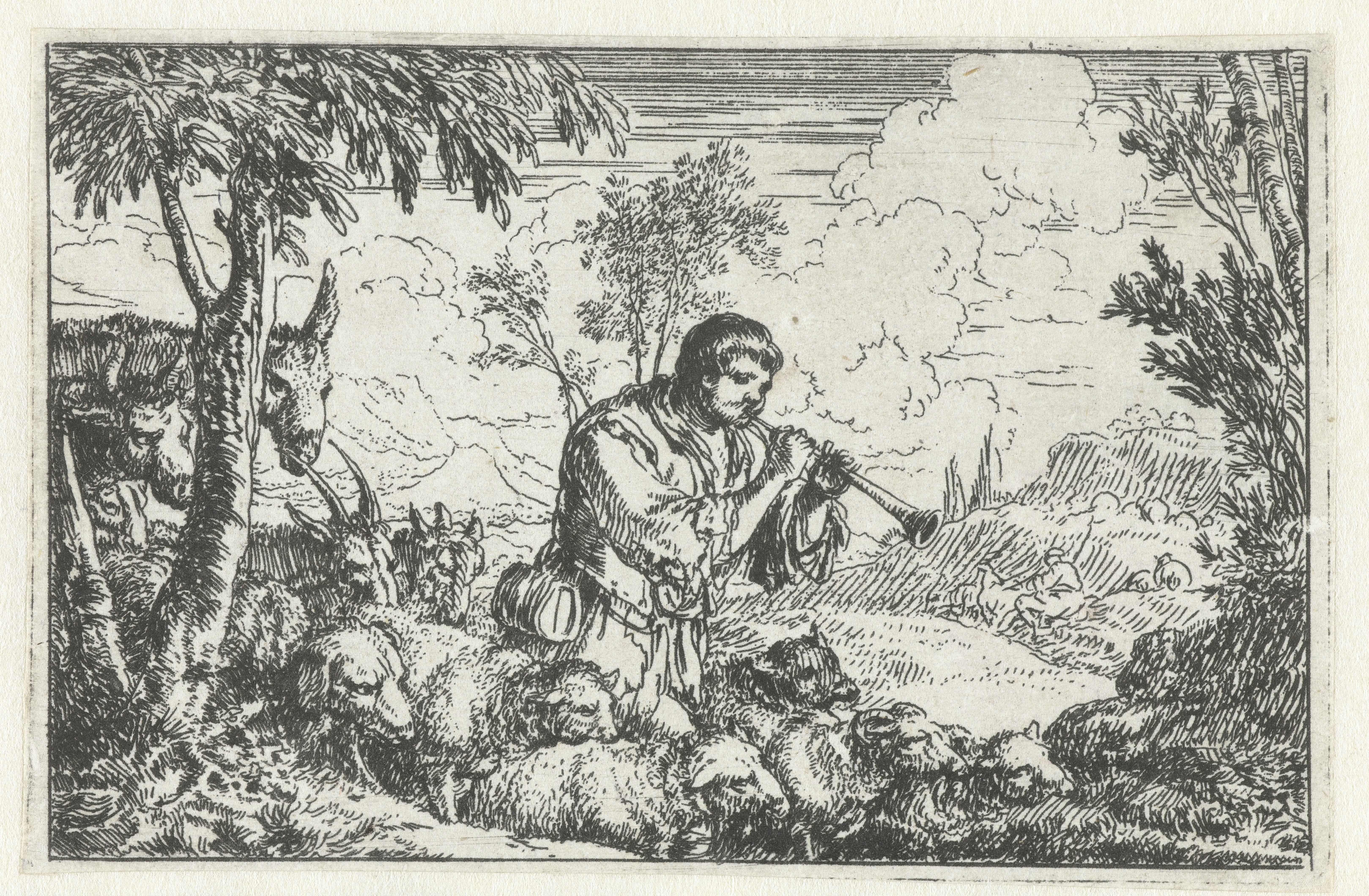 Schalmeispelende herder met kudde