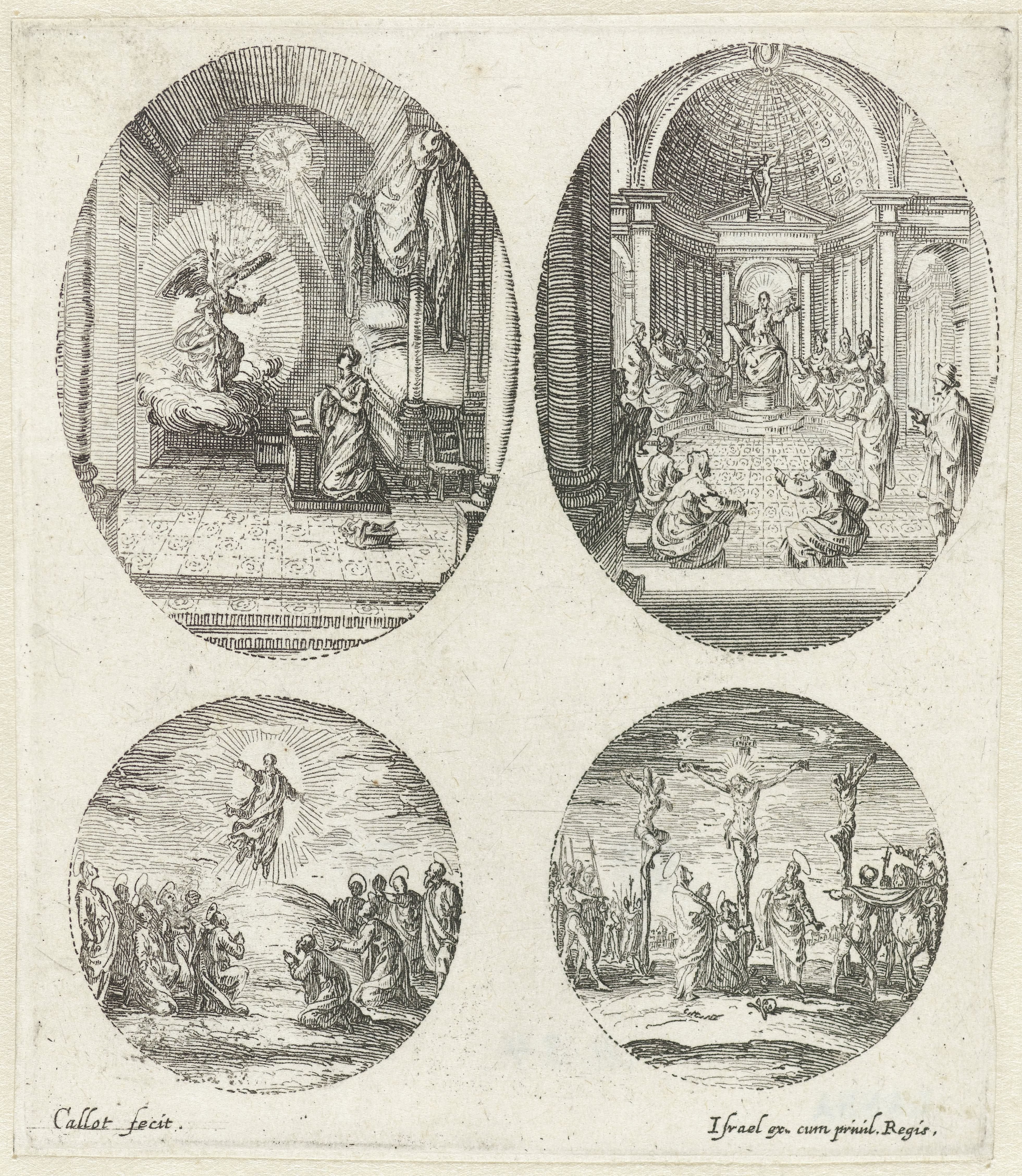 Twee scènes uit het leven van Maria en twee Passiescènes: Annunciatie, De twaalfjarige Christus in de tempel, Hemelvaart, Kruisiging