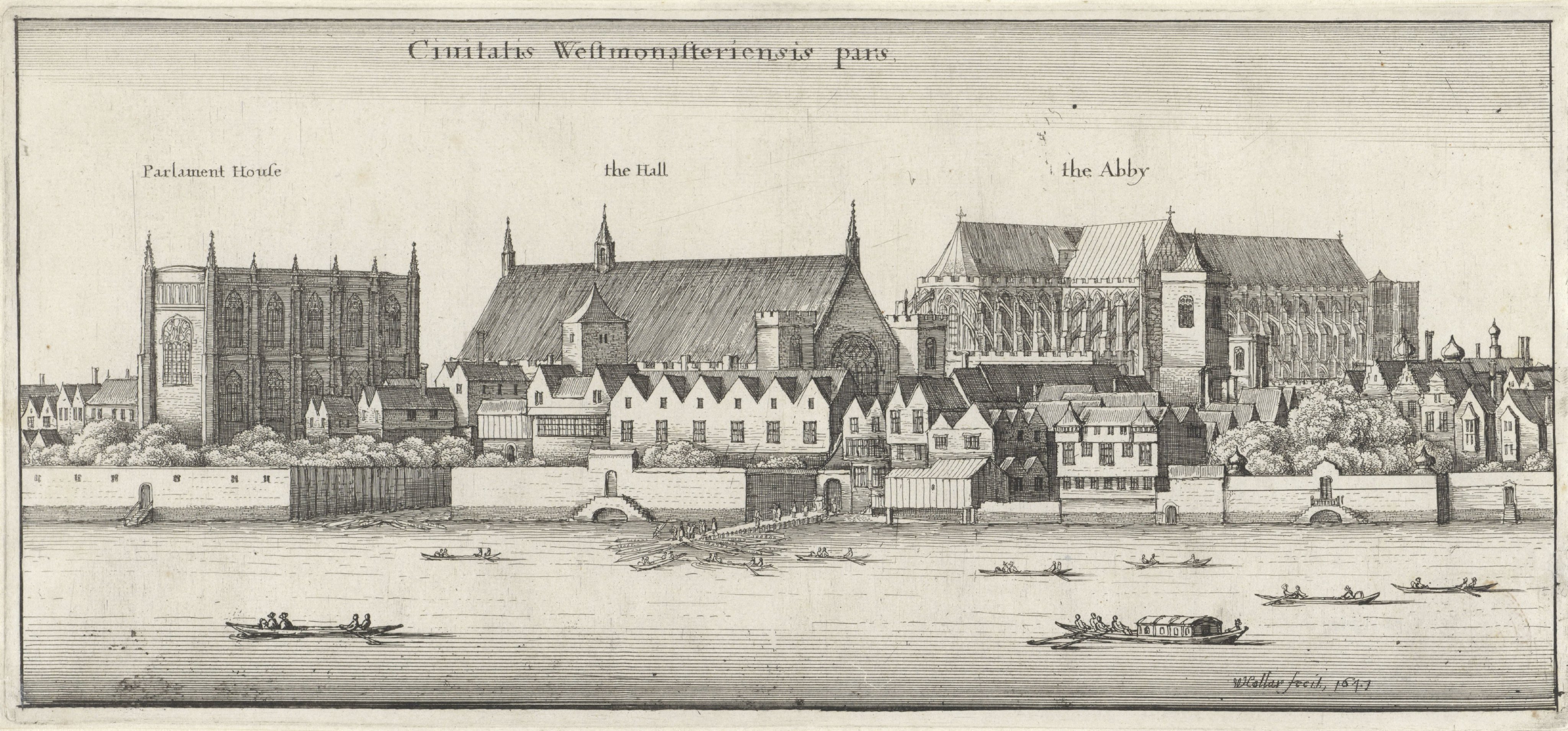Westminster, House of Parliament en Westminster Hall gezien vanaf de Theems