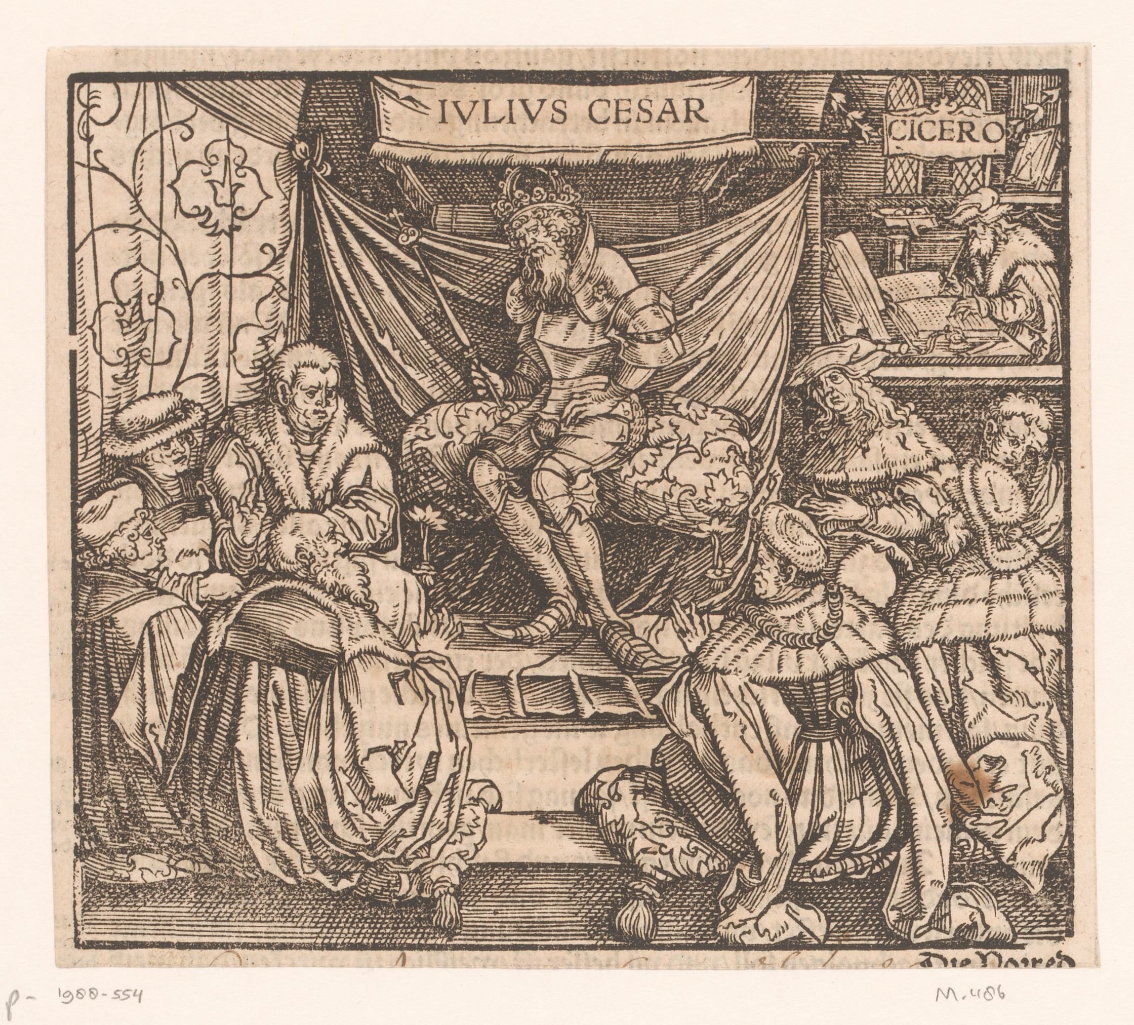 Julius Caesar in een raadsvergadering, op de achtergrond Cicero schrijvend