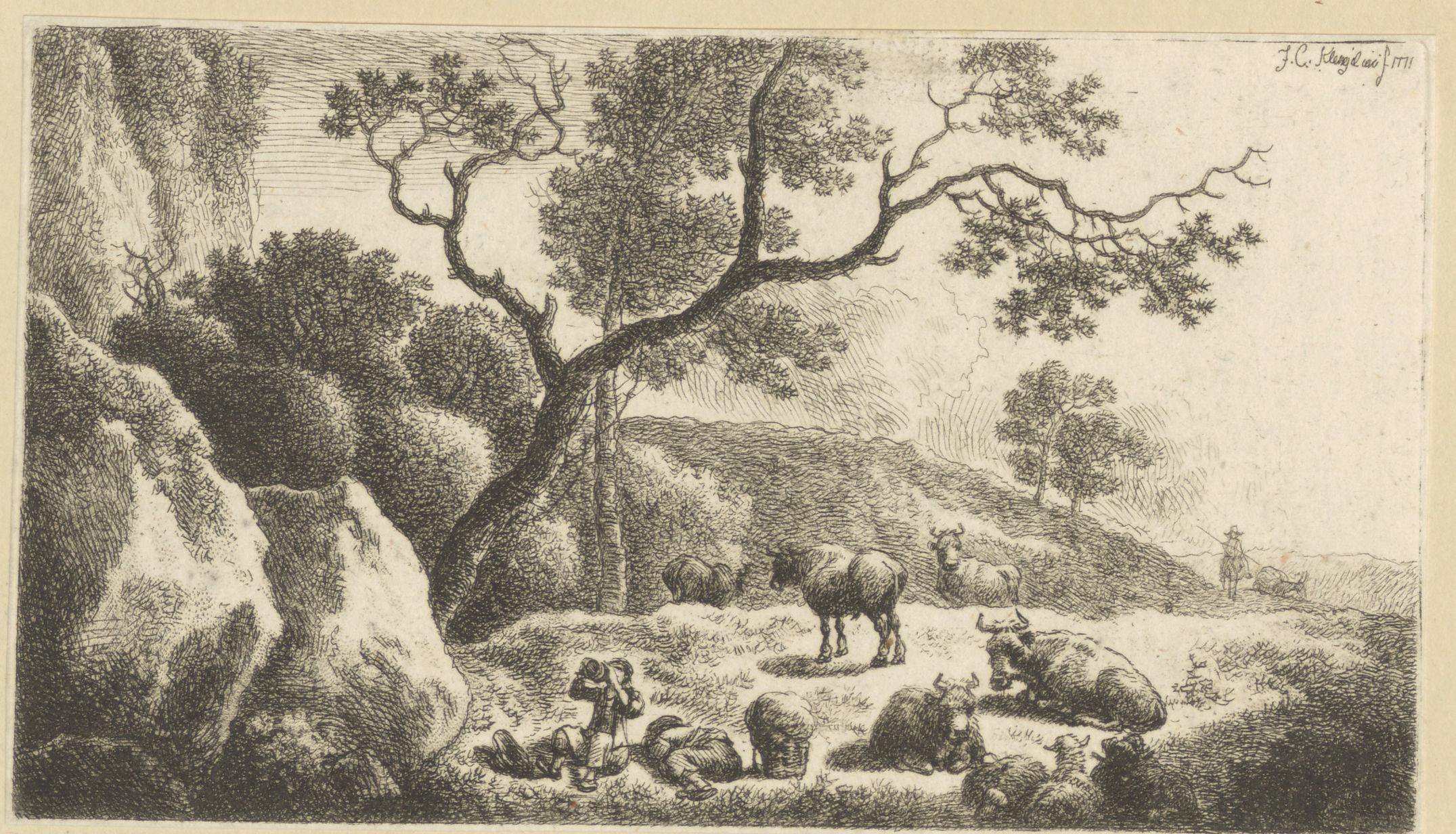Landschap met rustende herders en kudde runderen en schapen