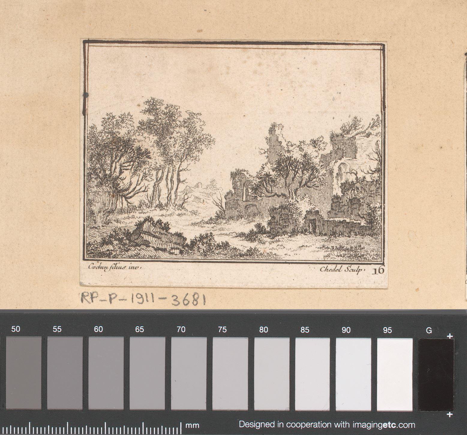 Landschap met rechts een begroeide ruïne