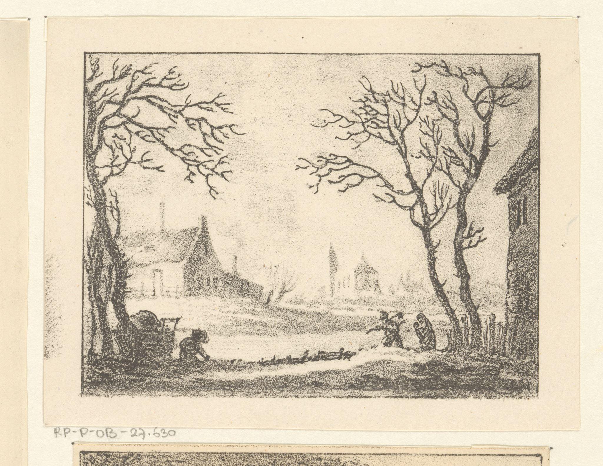 Winterlandschap met huizen en figuren