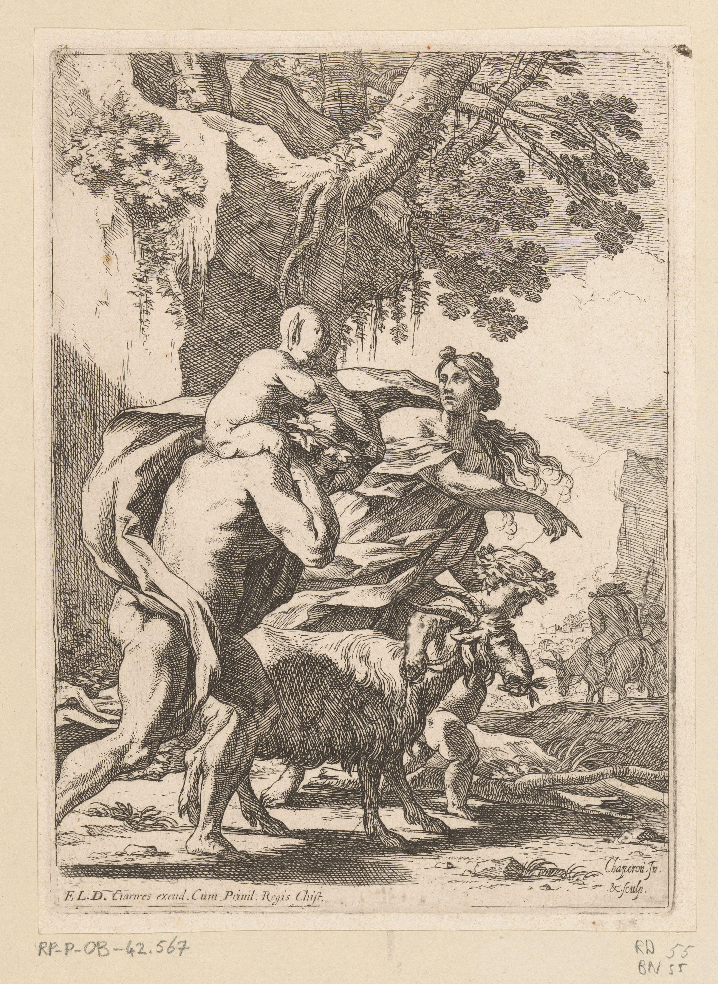 Volgelingen van Silenus met op de achtergrond Silenus op zijn ezel