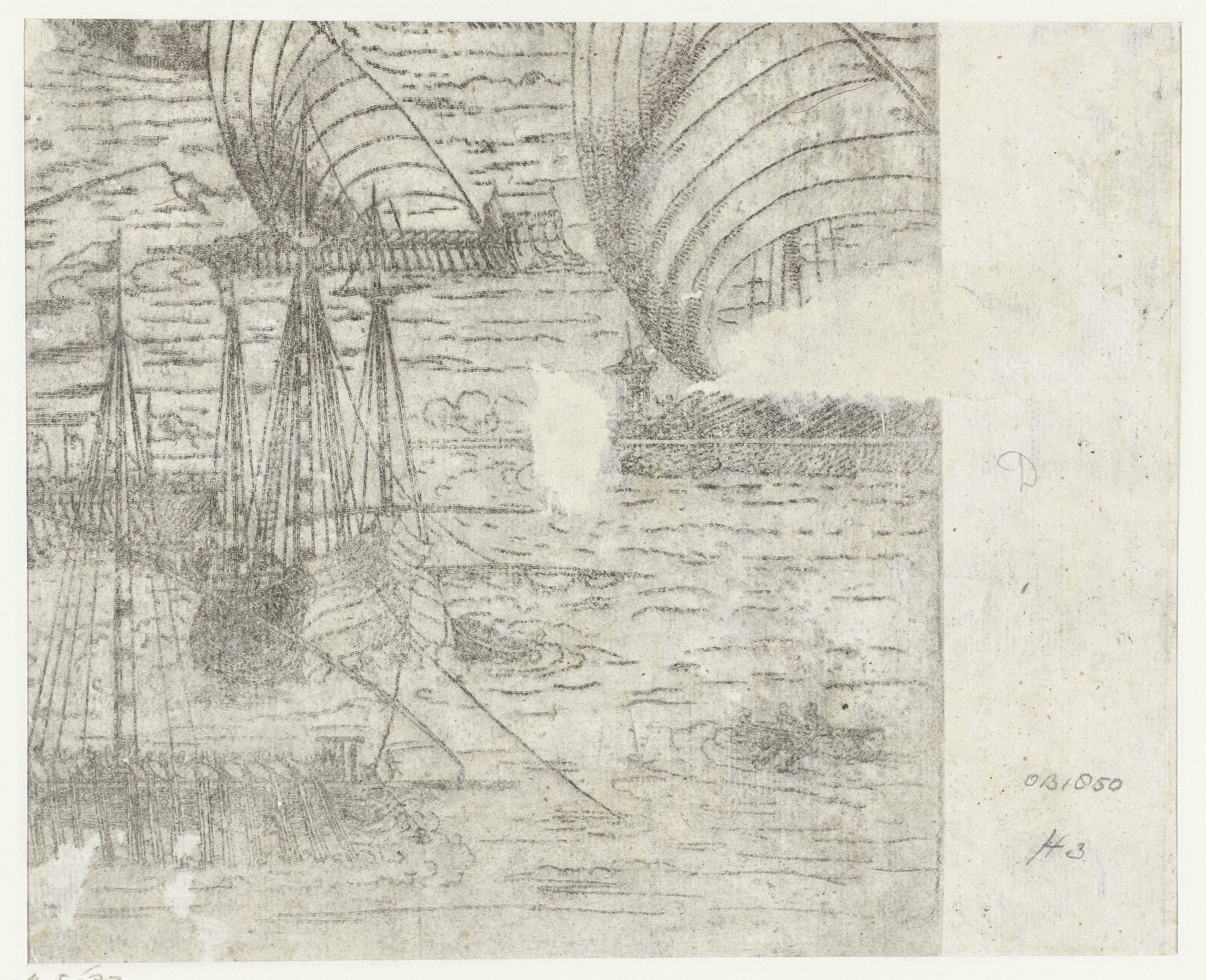 Fragment van voorstelling met enkele galeien en boten op zee