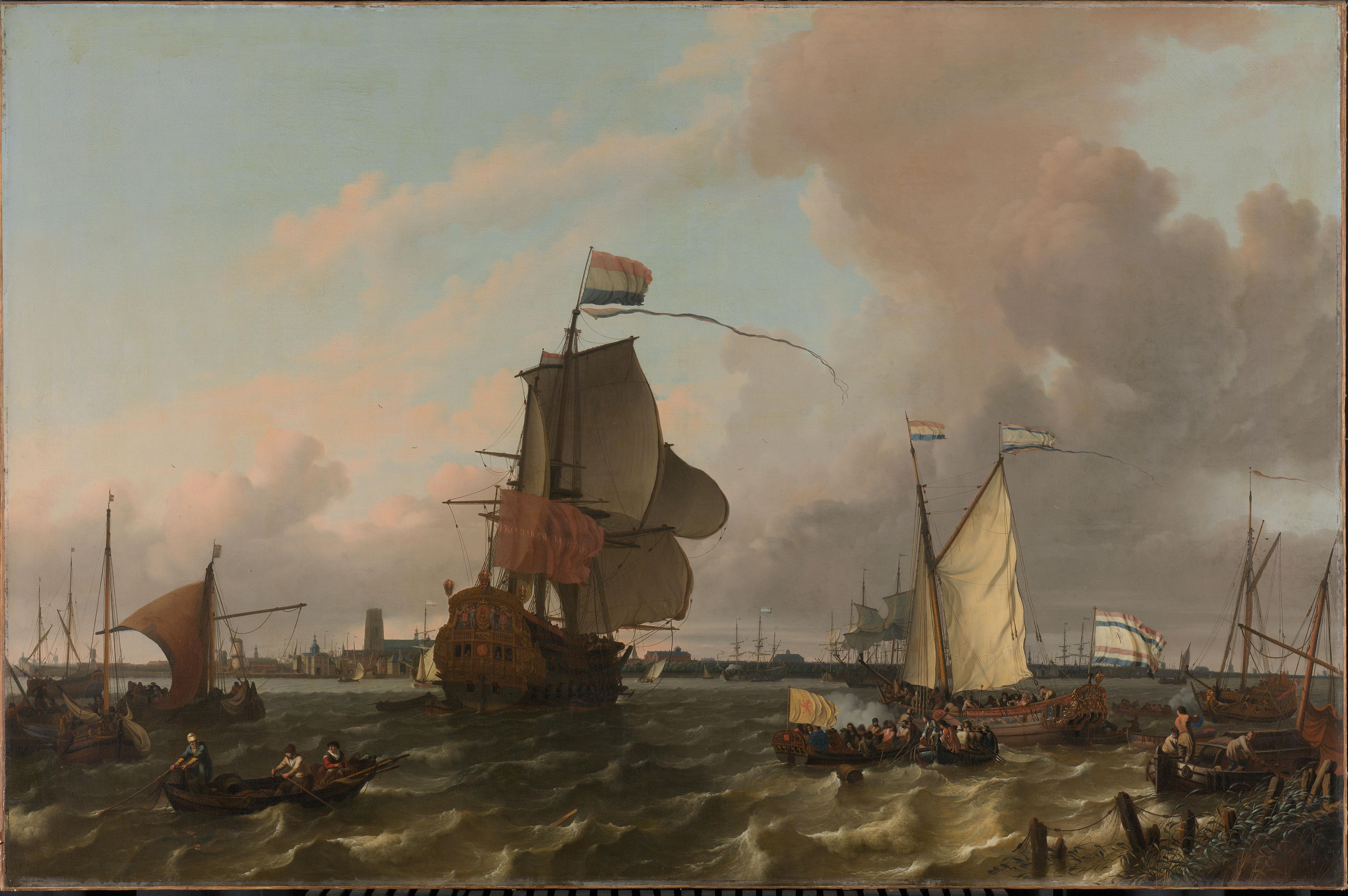 Het oorlogsschip Brielle op de Maas voor Rotterdam