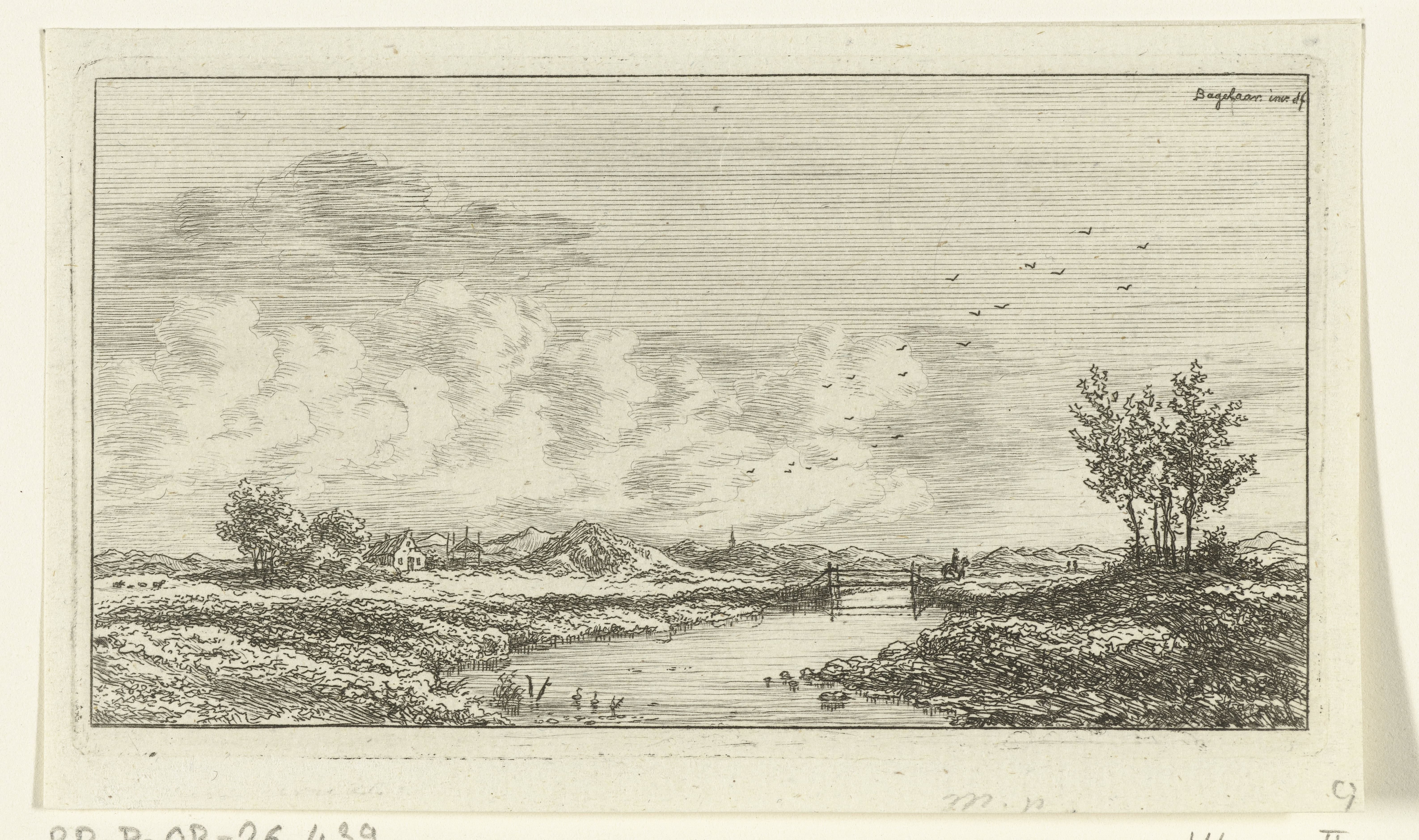Rivierlandschap met ruiter bij een brug