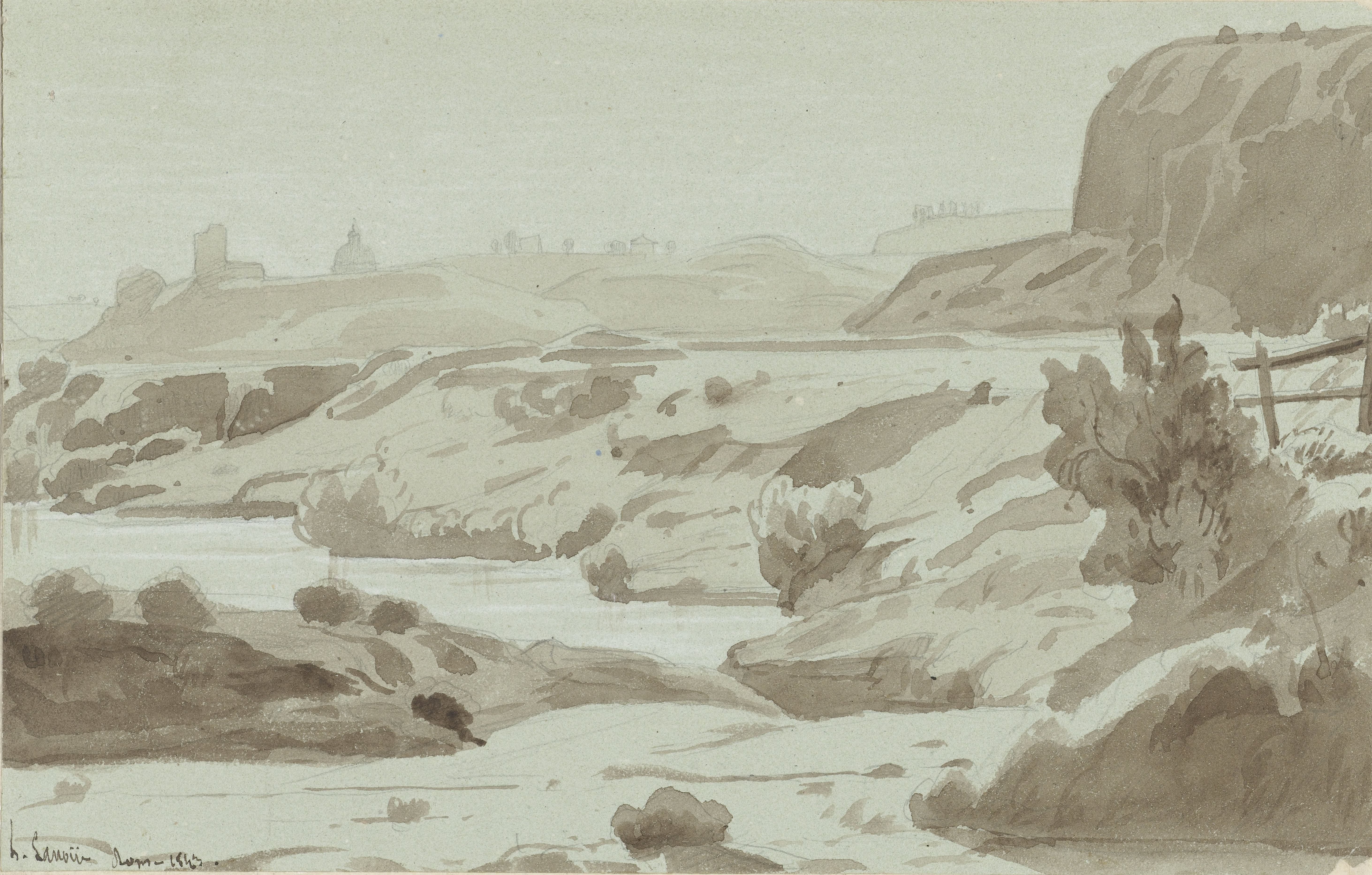 Gezicht in de romeinse Campagna met op de voorgrond een rivier