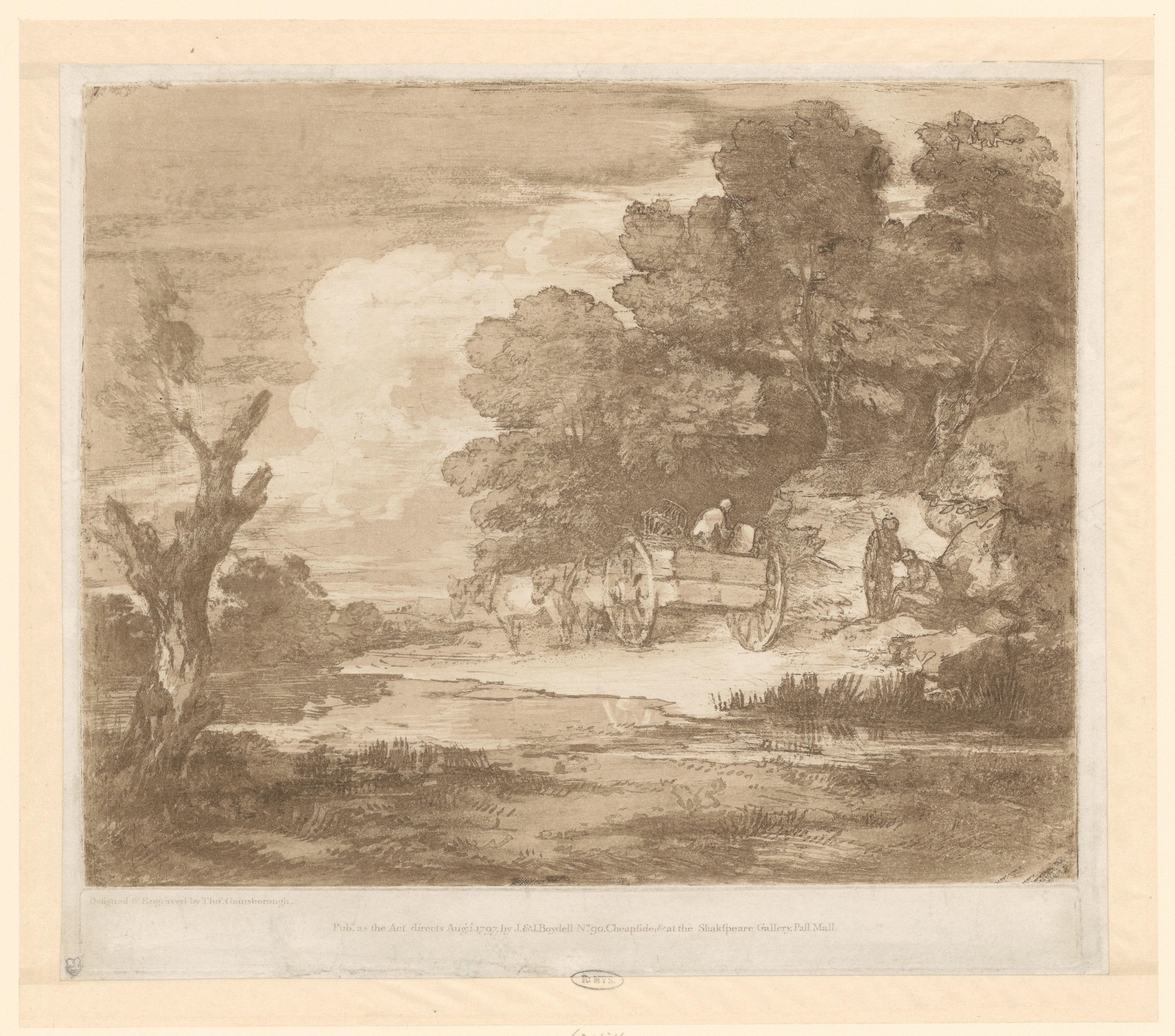 Landschap met een wagen getrokken door paarden langs een waterkant en een bosrand