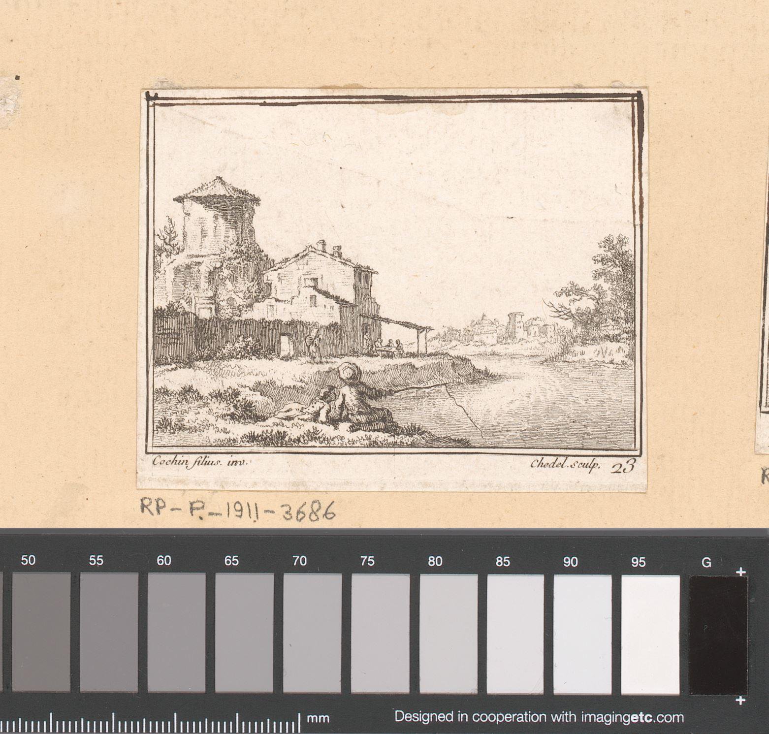 Landschap met twee vissende figuren en een herberg aan een rivier