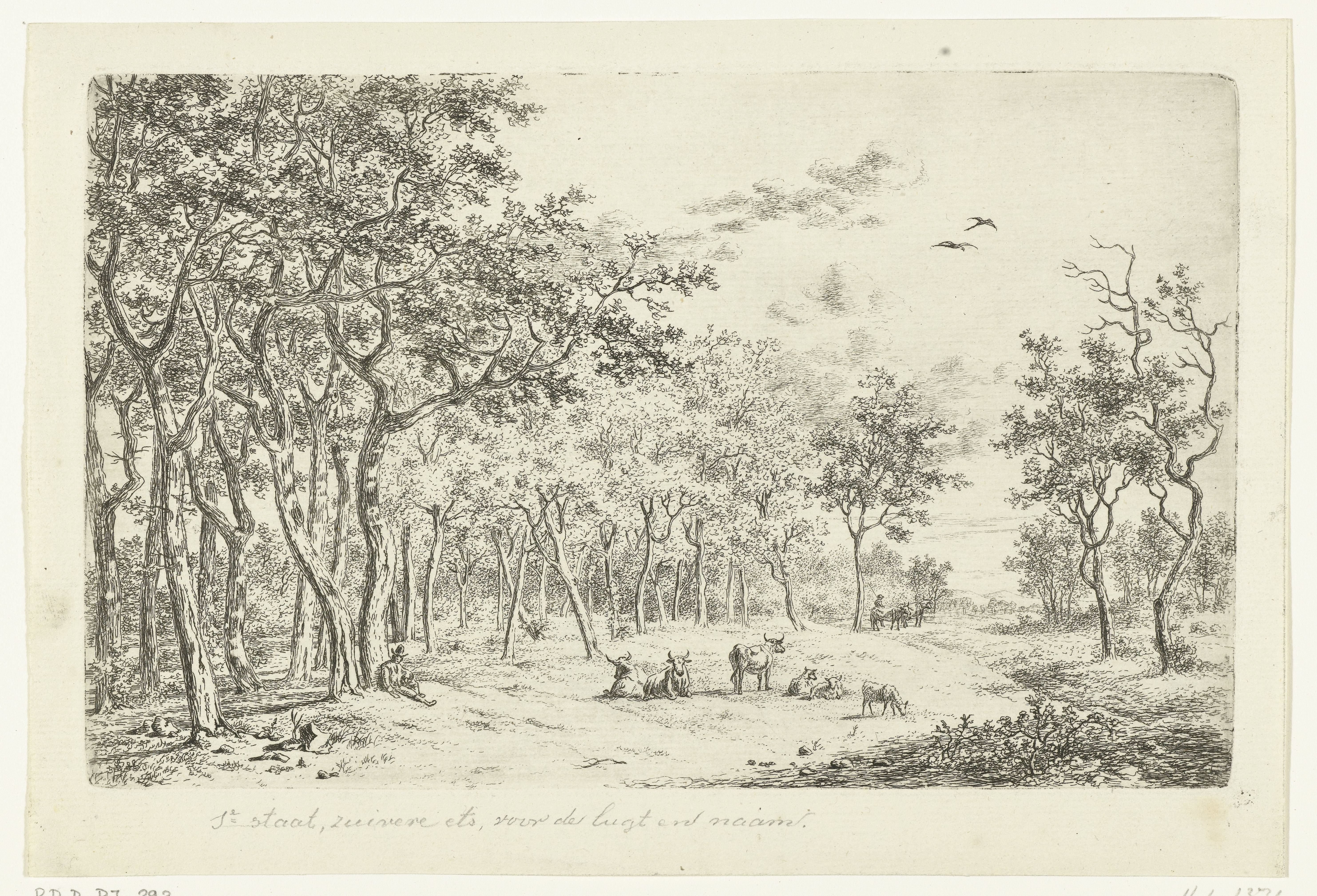 Landschap met een herder en zijn kudde aan de rand van het bos