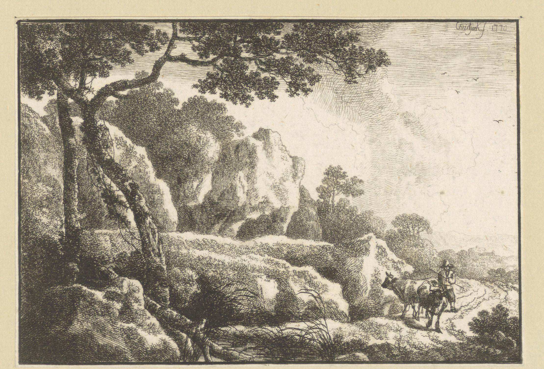 Rotsachtig landschap met herder en twee runderen